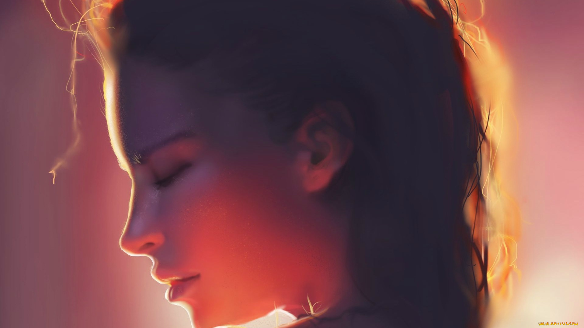 рисованное, люди, свет, девушка, лицо, профиль, закрытые, глаза, волосы