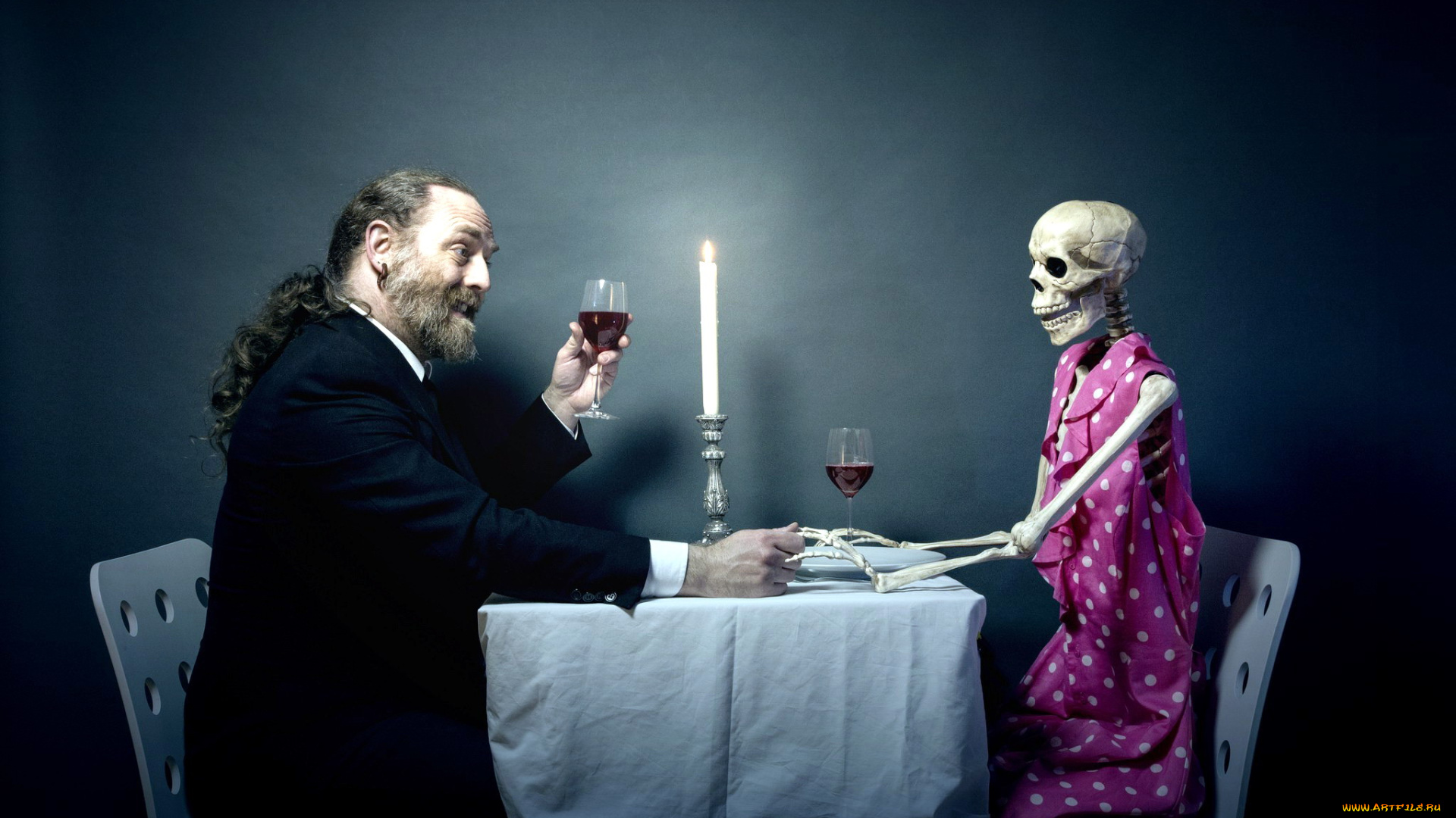 юмор, и, приколы, скелет, мужчина, вино, бокалы, свеча