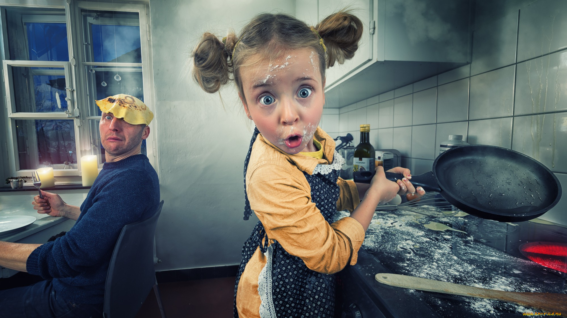 юмор, и, приколы, сковорода, мужчина, блины, девочка