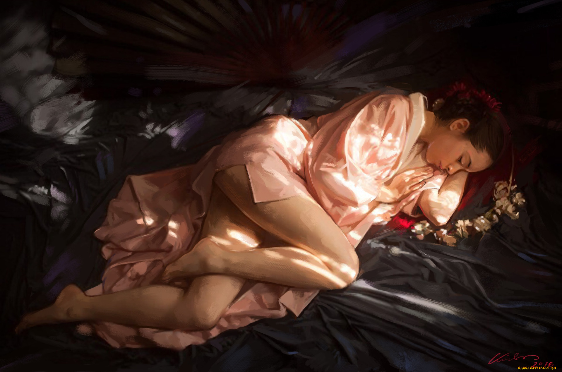 рисованное, люди, ноги, халат, постель, kishore, ghosh, покрывало, art, розовый, девушка, сон