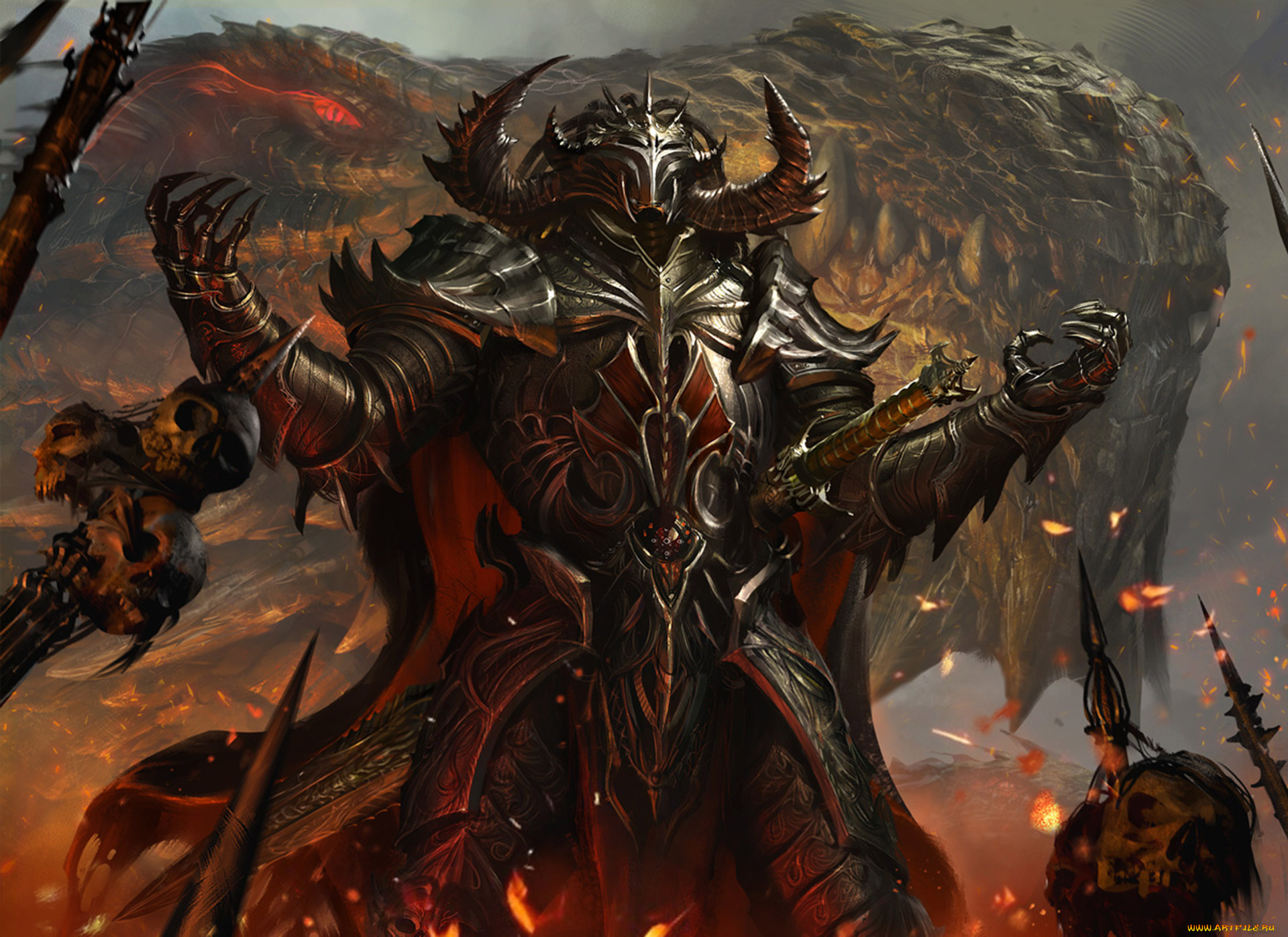 фэнтези, демоны, череп, оружие, копьё, кольчуга, латы, дракон, рыцарь