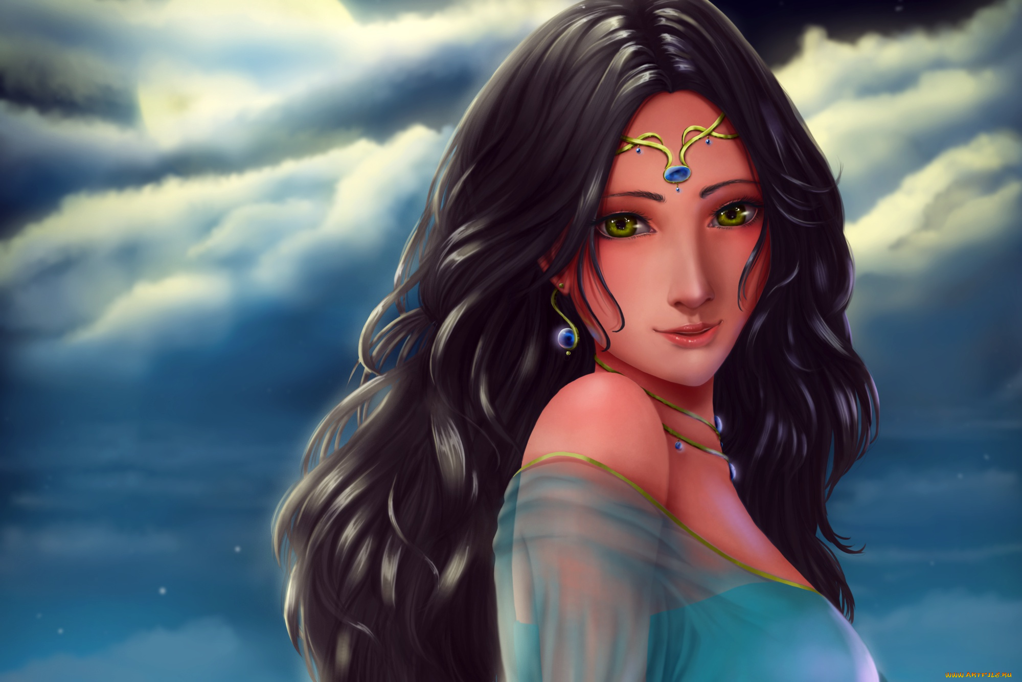фэнтези, девушки, аниме, зеленые, глаза, украшения, волосы, девушка, облака, небо, взгляд, арт