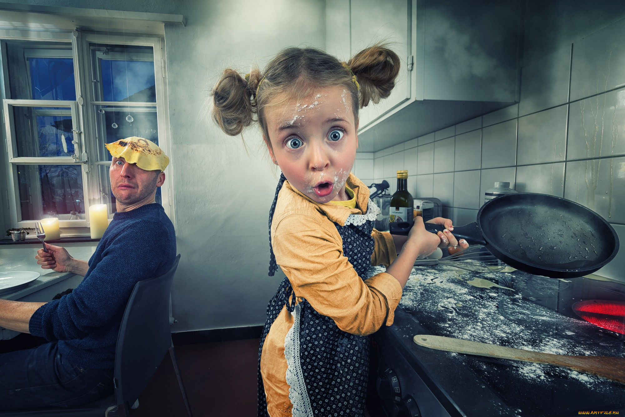 юмор, и, приколы, сковорода, мужчина, блины, девочка