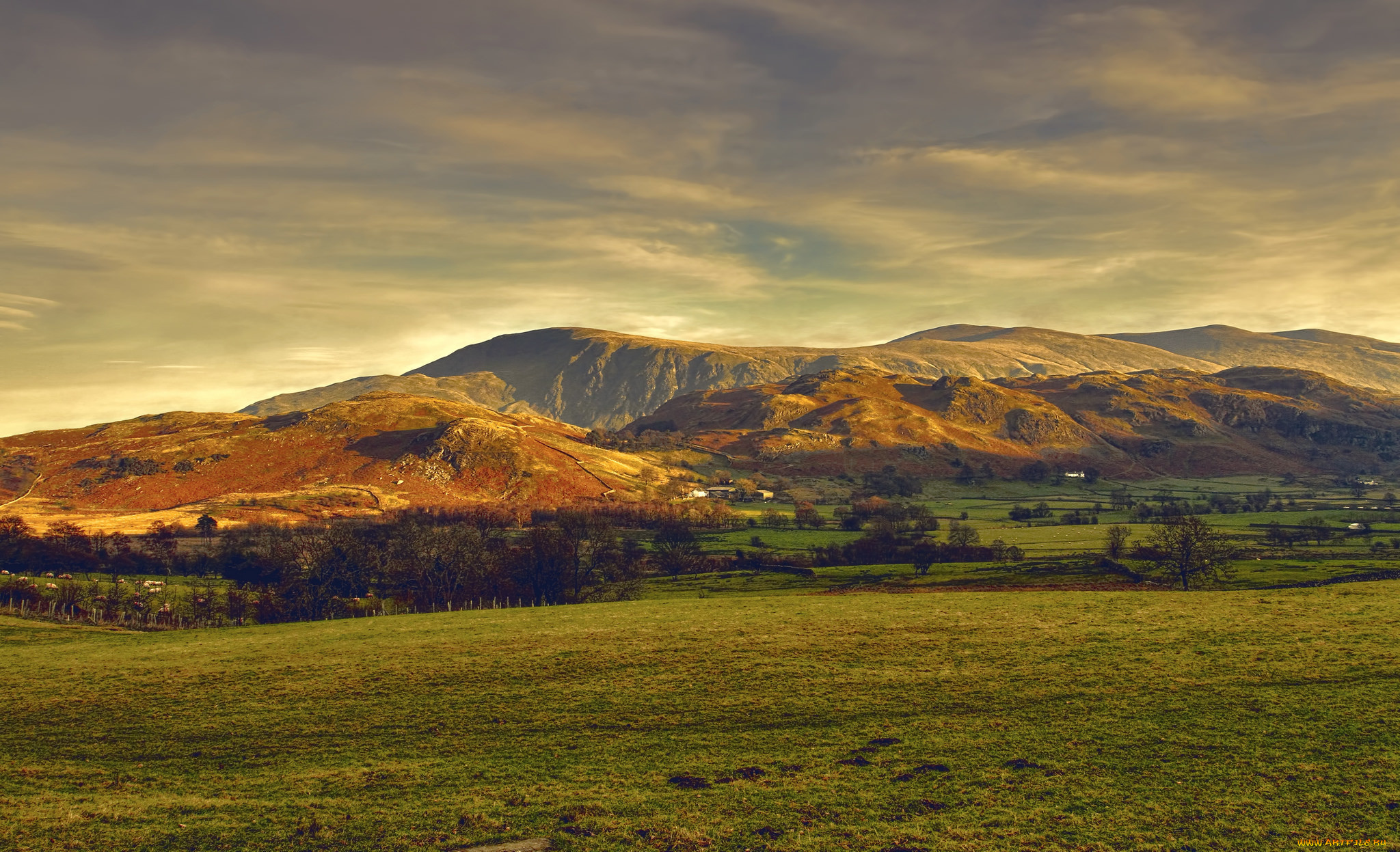 природа, пейзажи, закат, облака, поле, горы