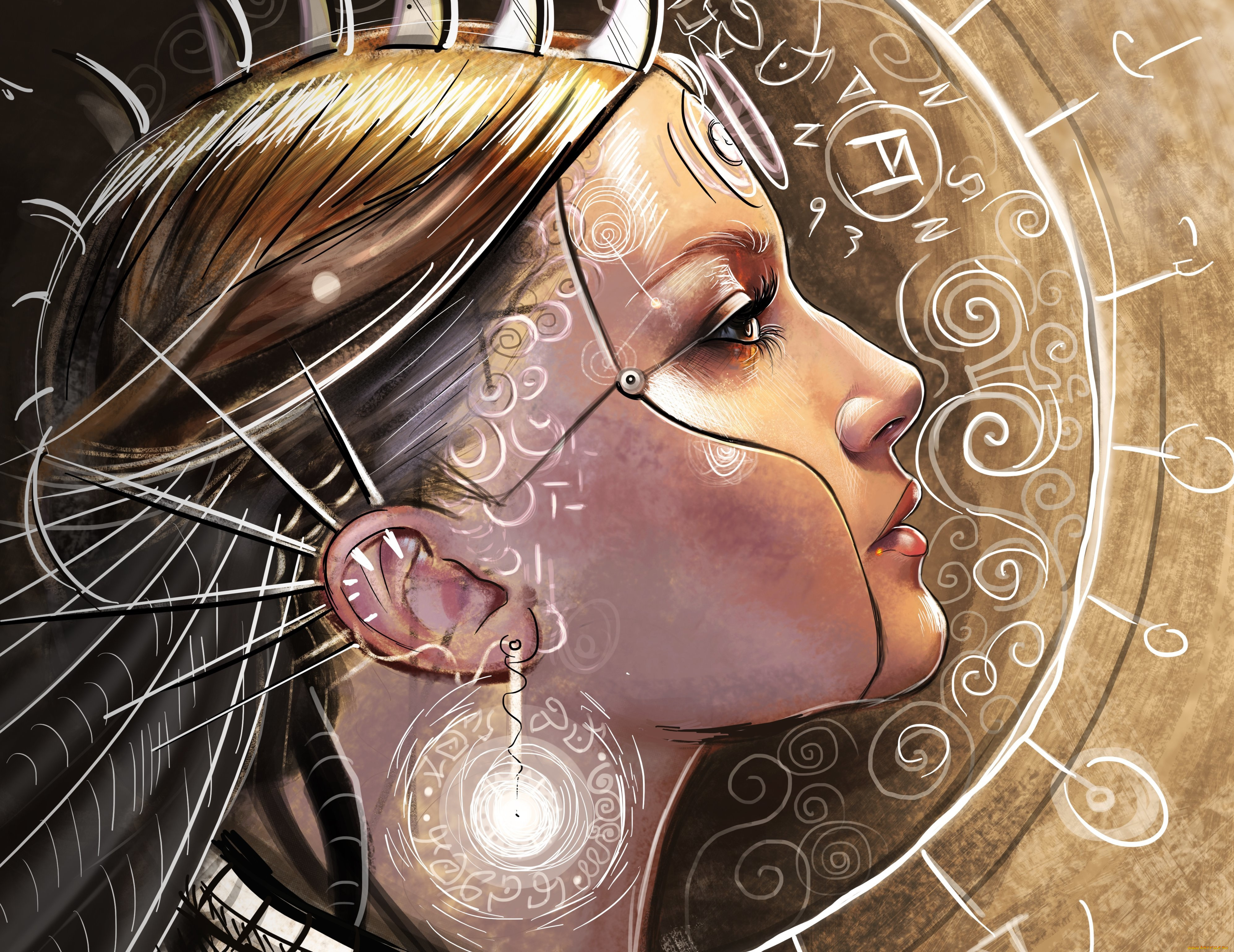 фэнтези, роботы, , киборги, , механизмы, профиль, фантастика, шипы, узоры, арт, девушка