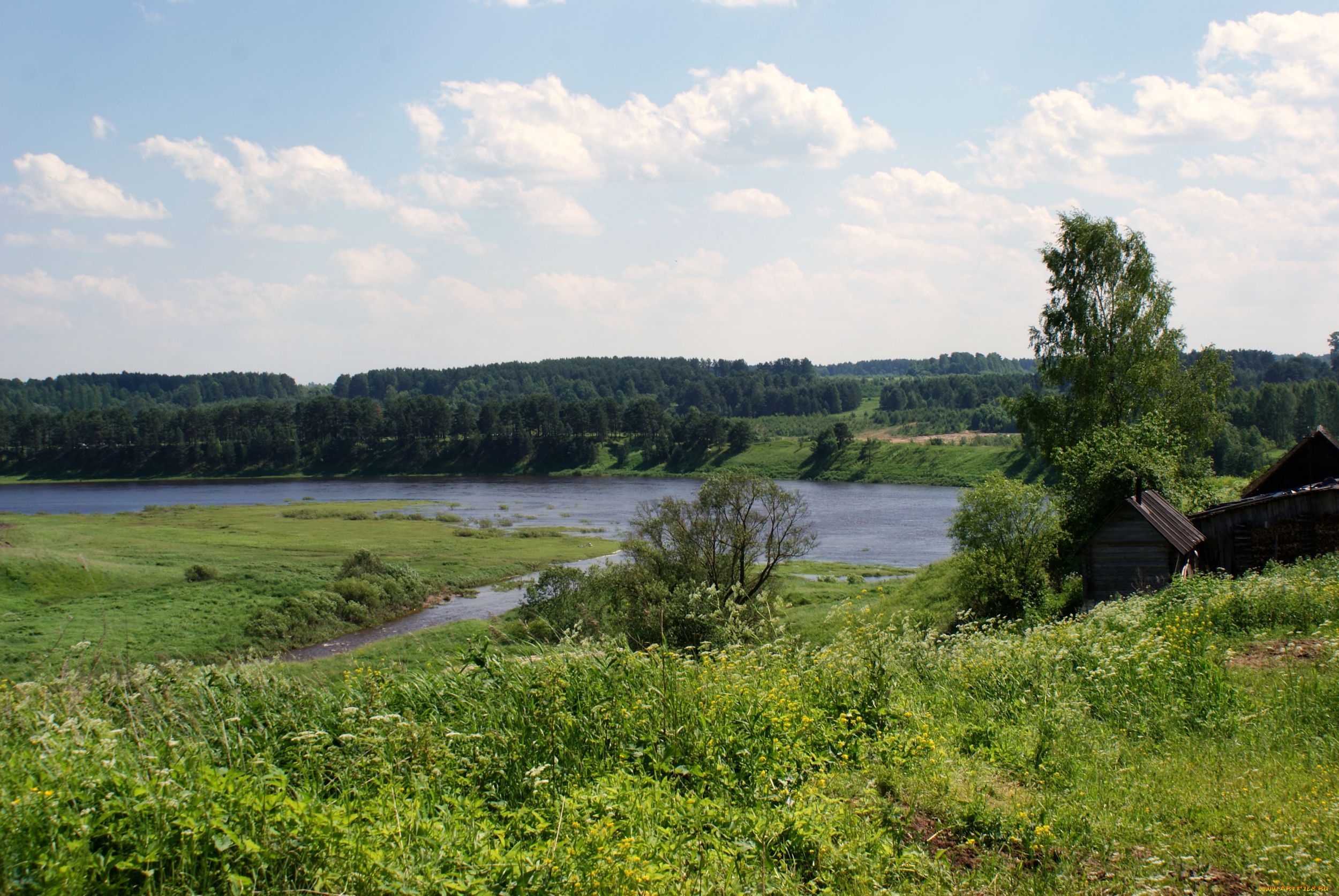 природа, реки, озера, река, облака, небо, избы, траа, деревья