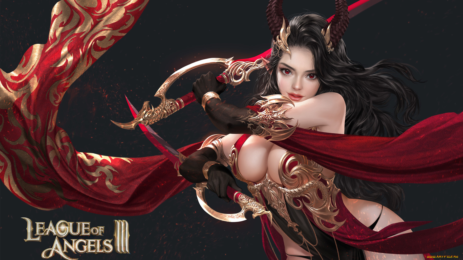 видео, игры, league, of, angels, девушка, ткань, рога, мечи