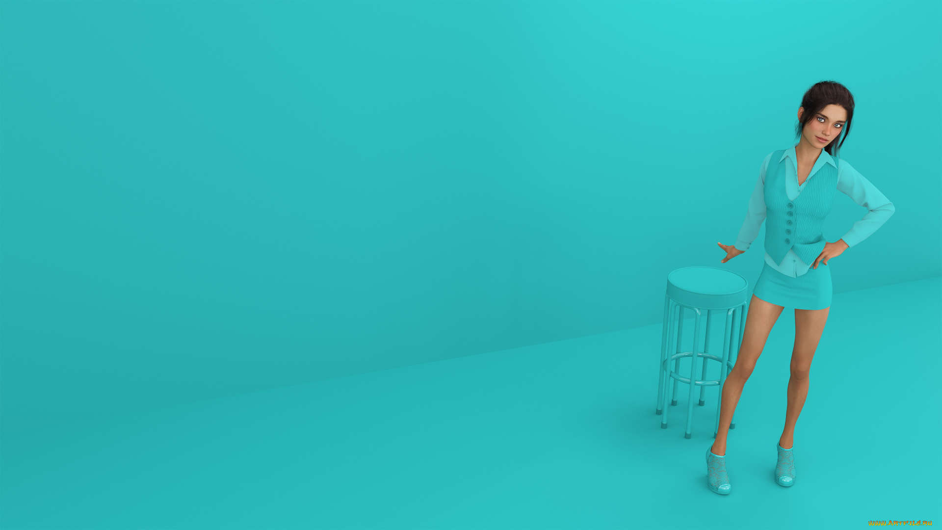 3д, графика, люди, , people, девушка, фон, взгляд, табурет, костюм