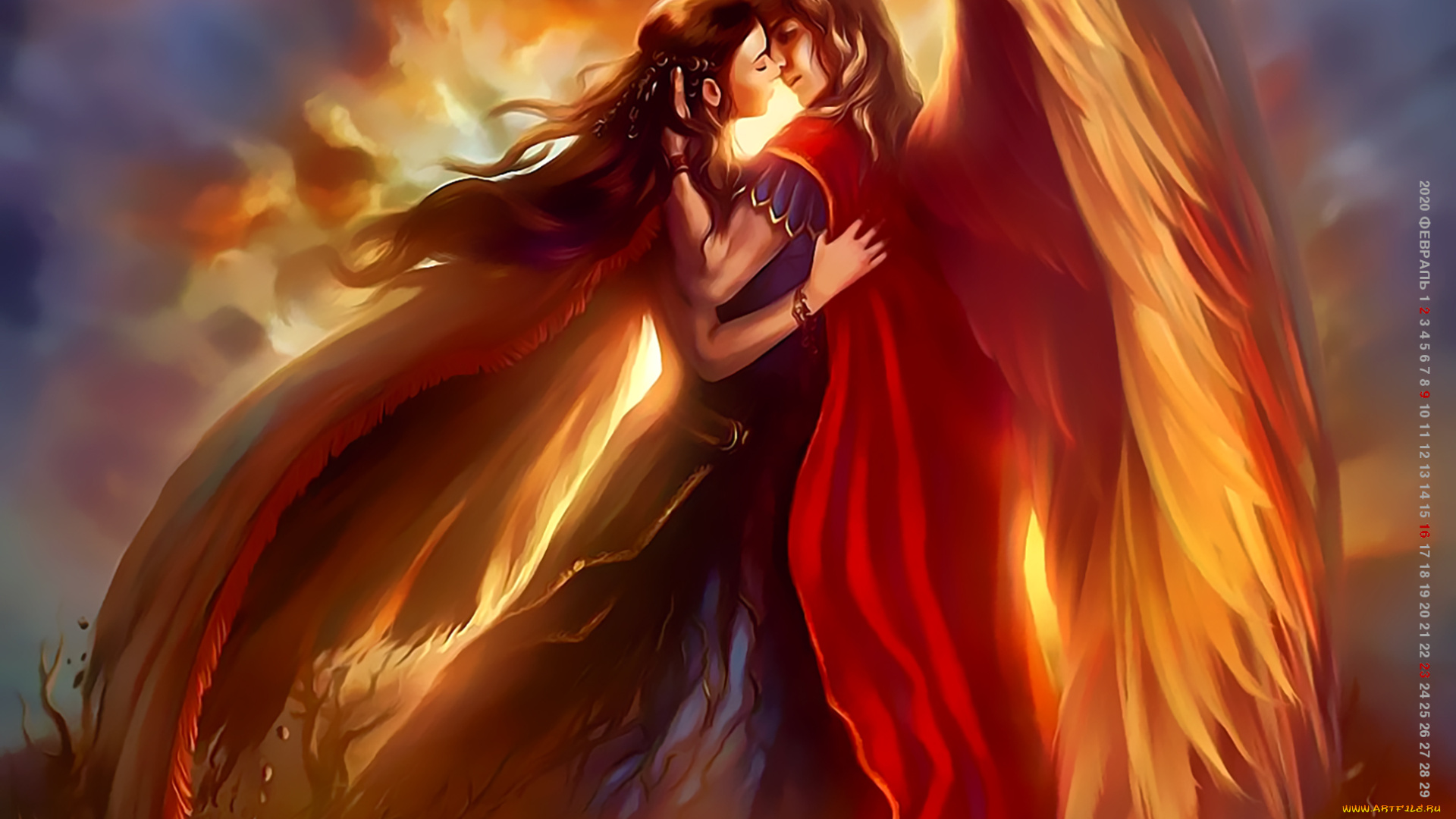 календари, фэнтези, поцелуй, девушка, крылья, чувство, calendar, 2020