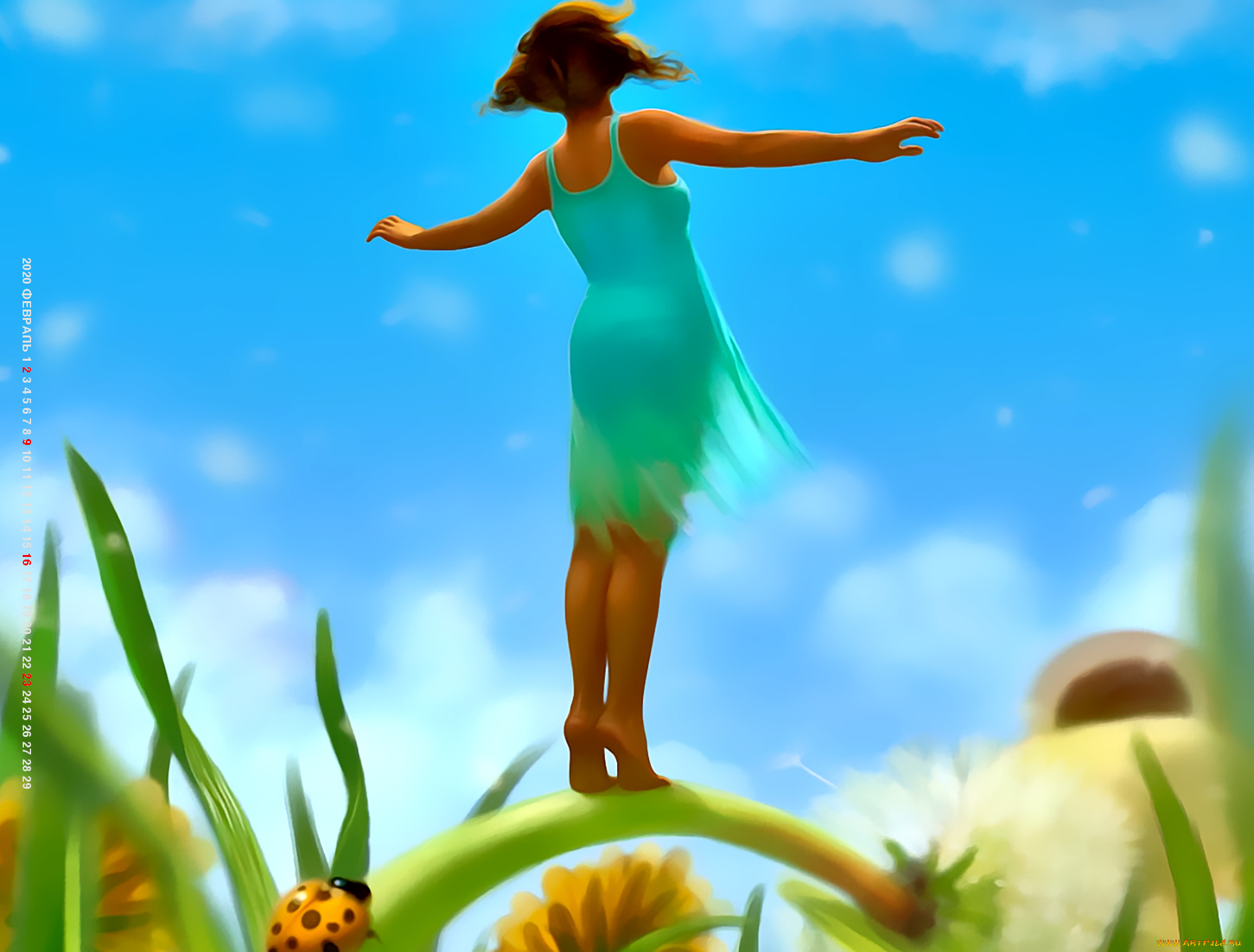 календари, фэнтези, девушка, маленькая, цветы, насекомое, природа, calendar, 2020