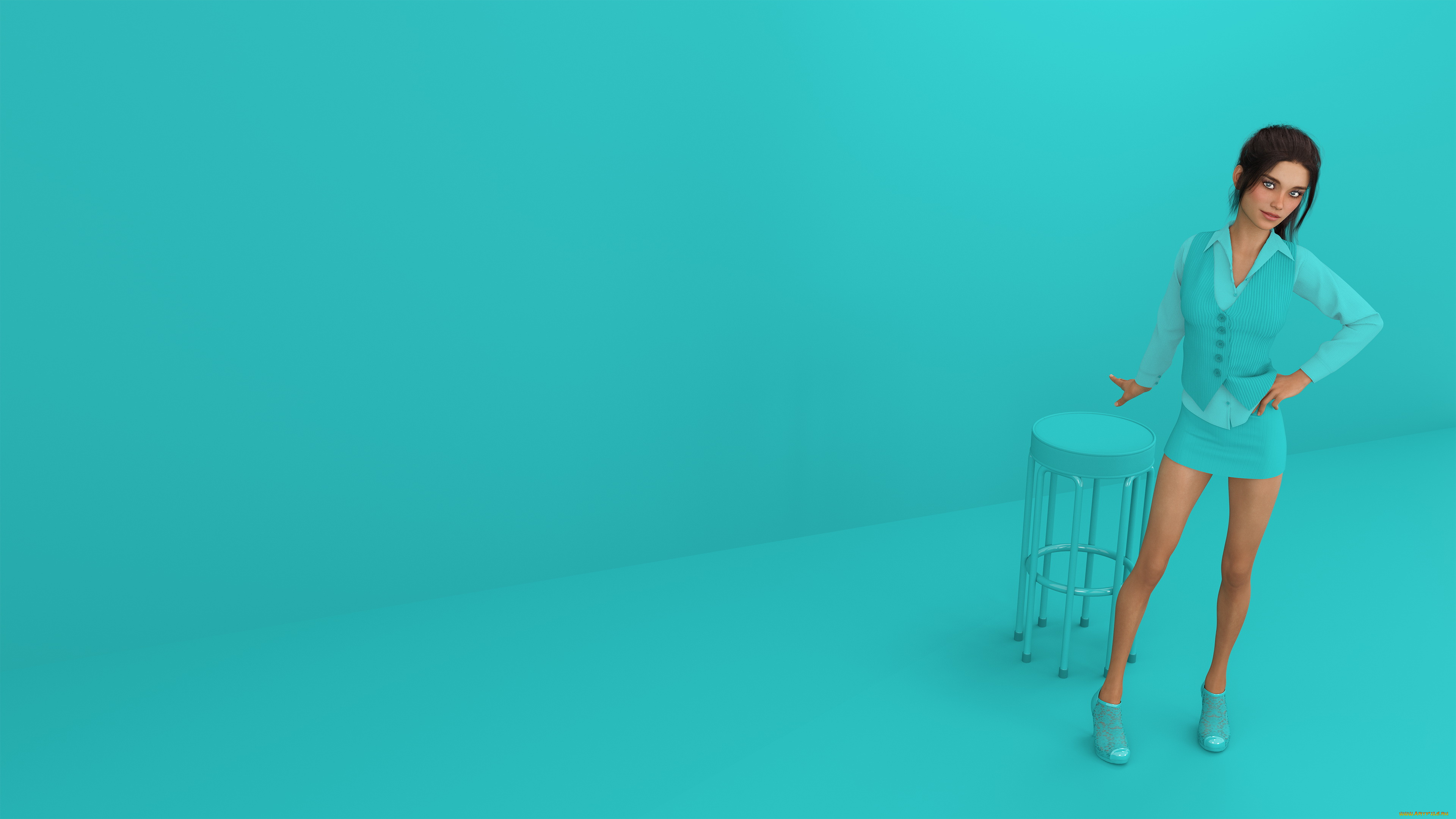 3д, графика, люди, , people, девушка, фон, взгляд, табурет, костюм