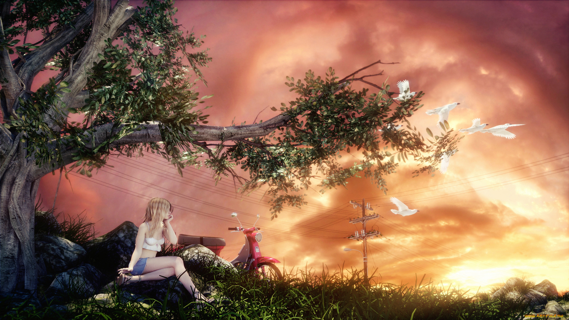 3д, графика, люди-авто, мото, , people-, car, , , moto, девушка, фон, птица, мотороллер, дерево