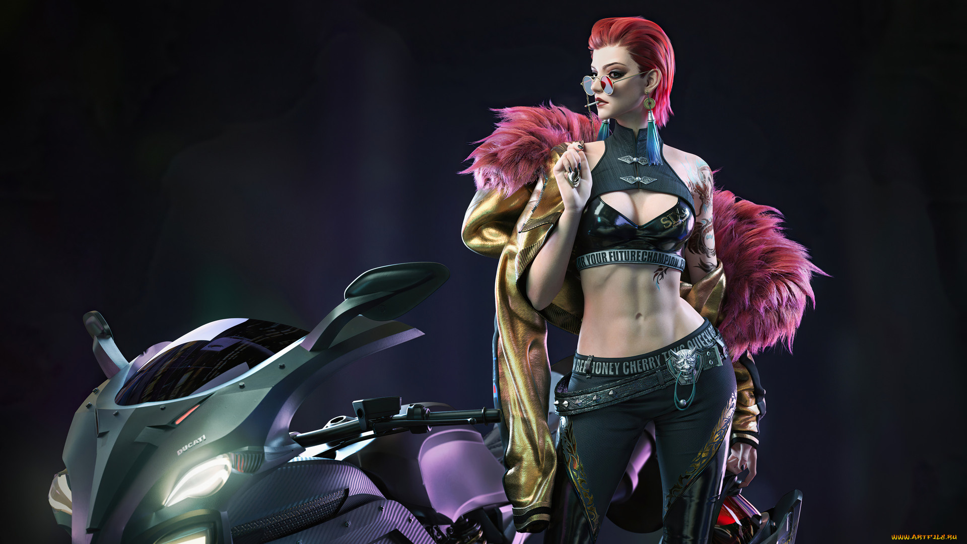 фэнтези, девушки, девушка, очки, сигарета, мотоцикл, топ, штаны