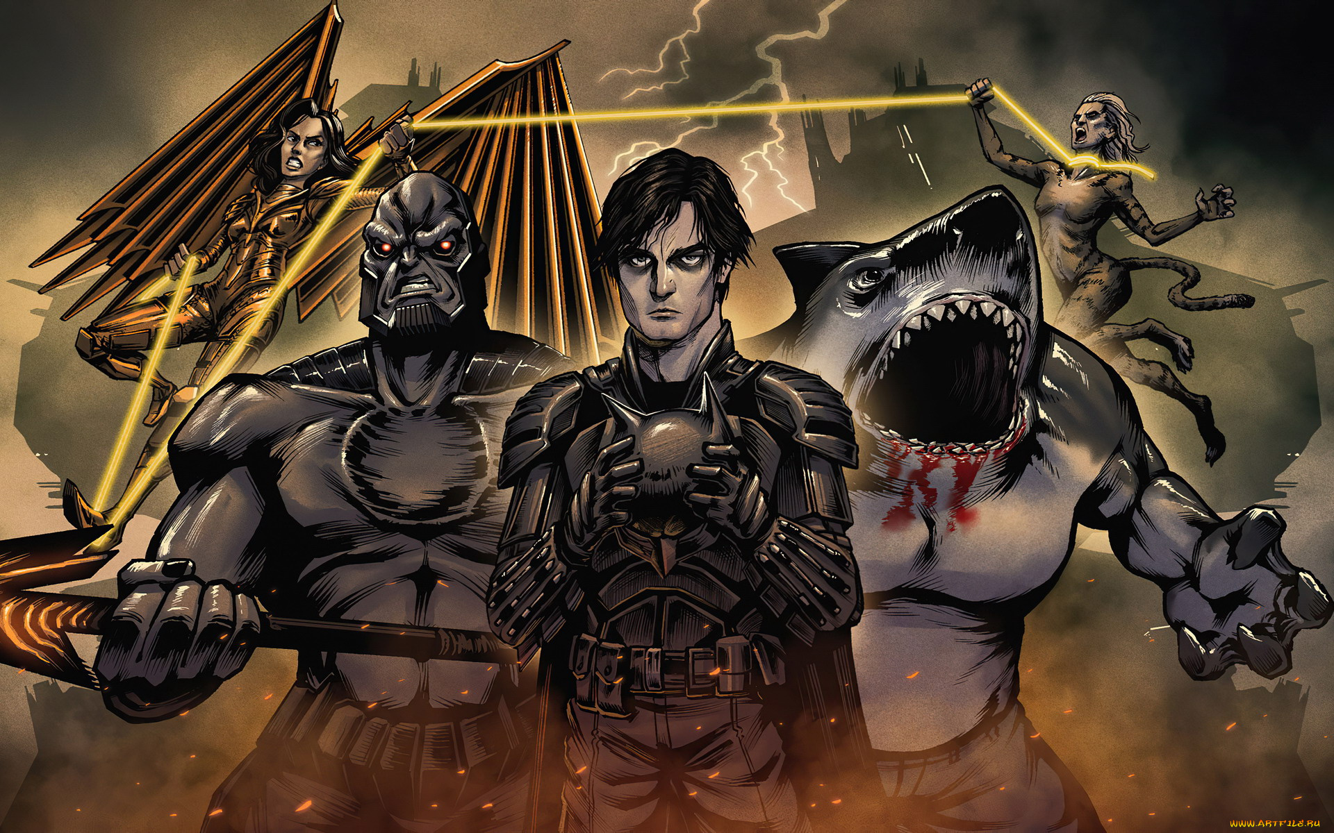 рисованное, комиксы, герои, монстры, город