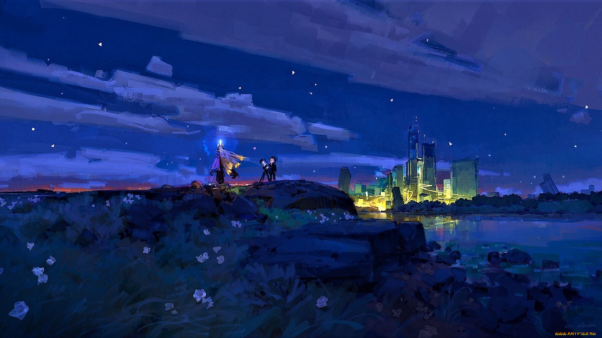 рисованное, люди, телескоп, город, озеро