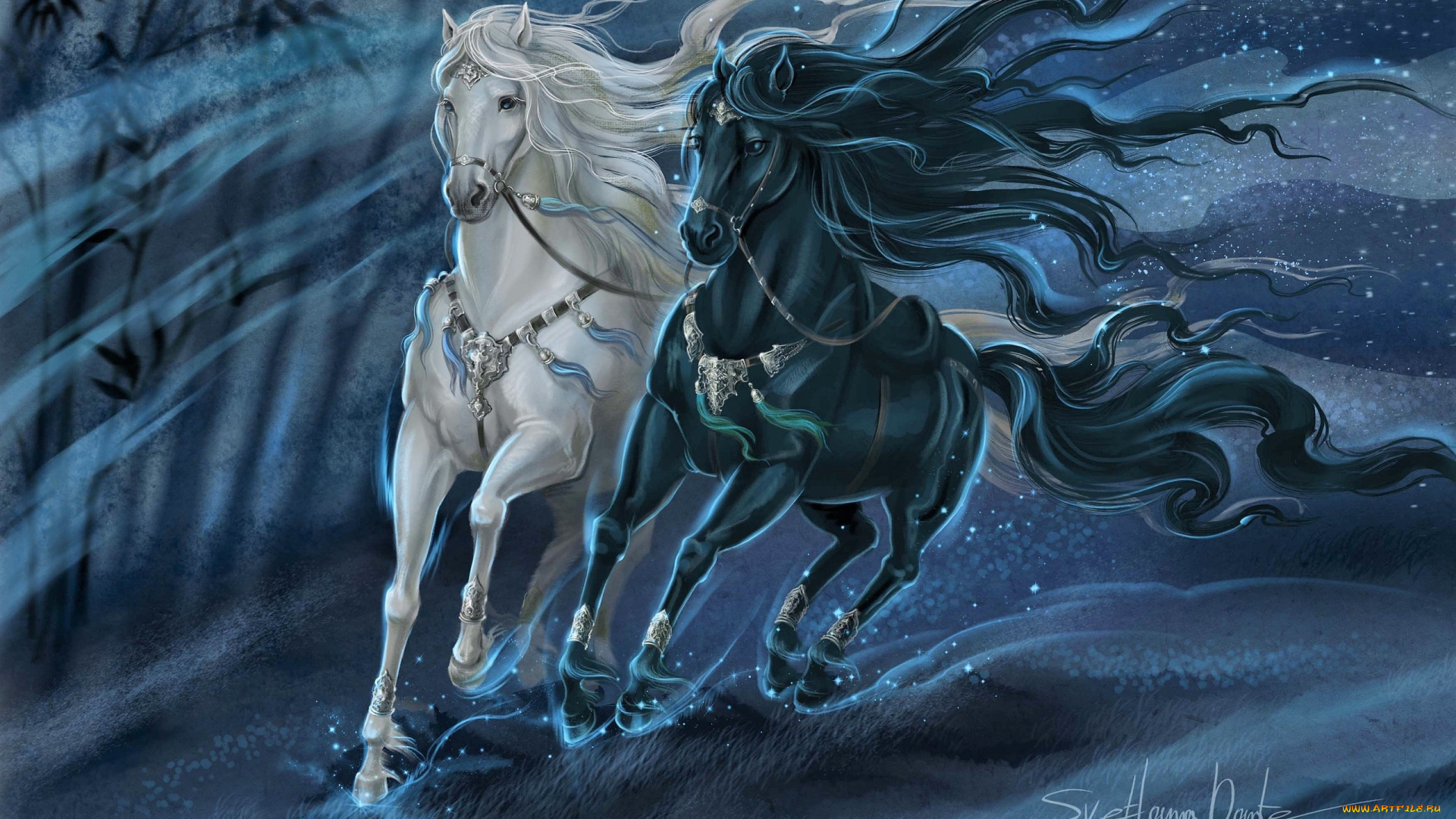 рисованное, животные, , лошади, лошади, пара, ночь