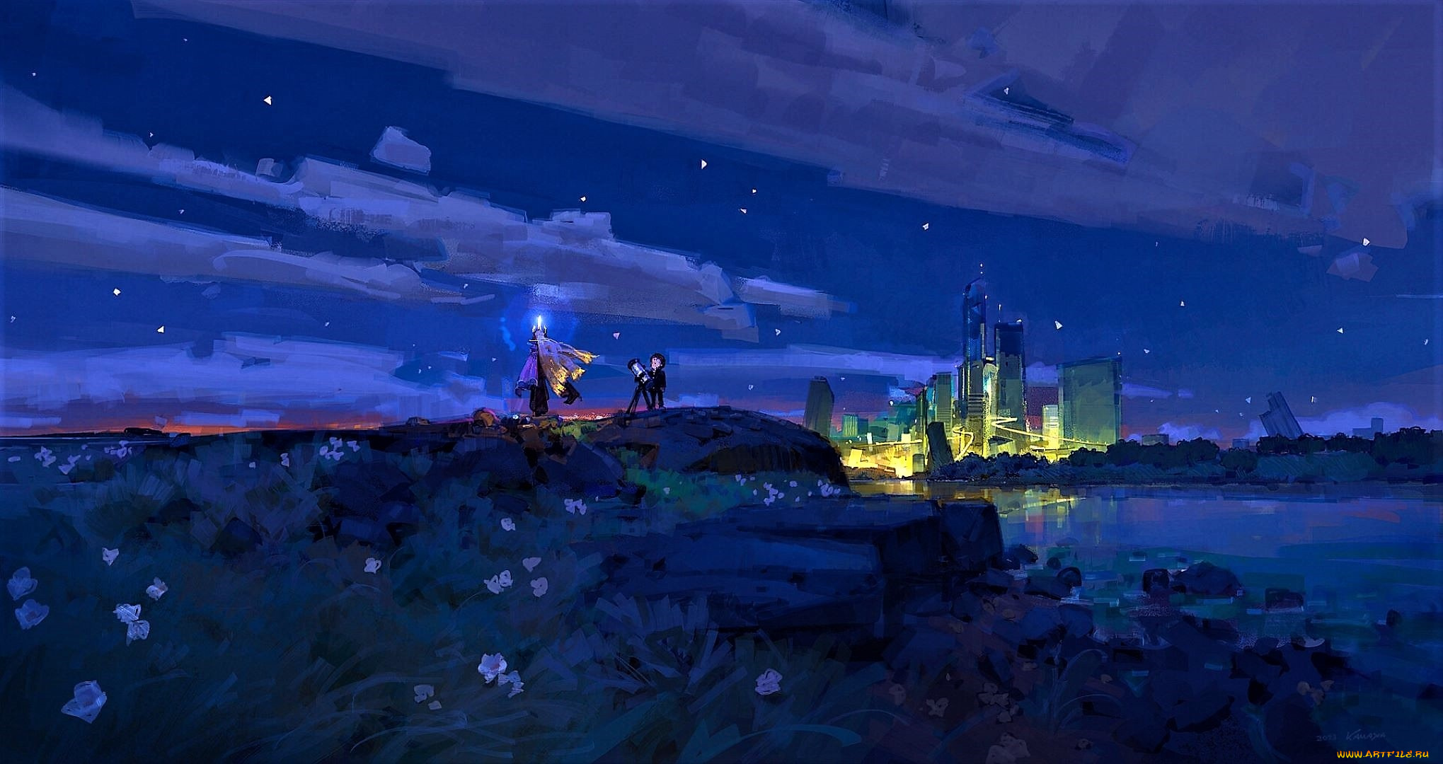 рисованное, люди, телескоп, город, озеро