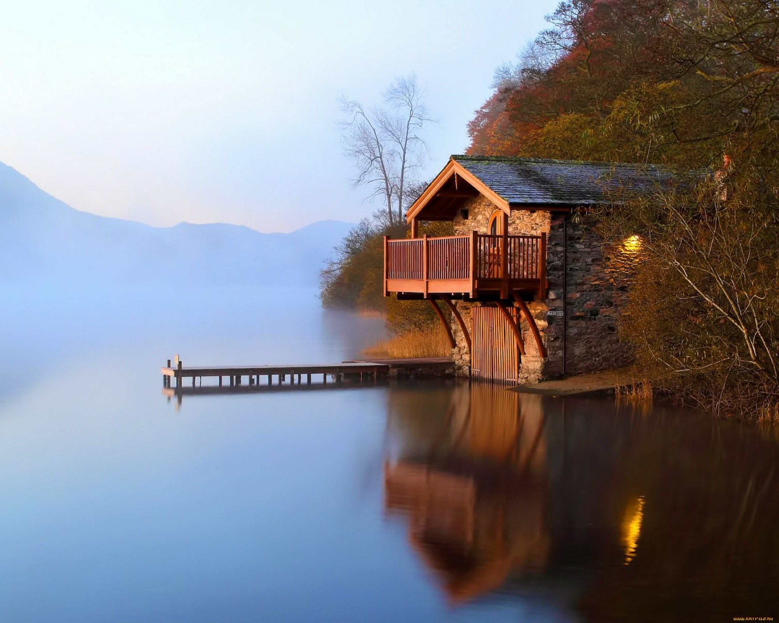 города, -, здания, , дома, дом, горы, осень, озеро, туман