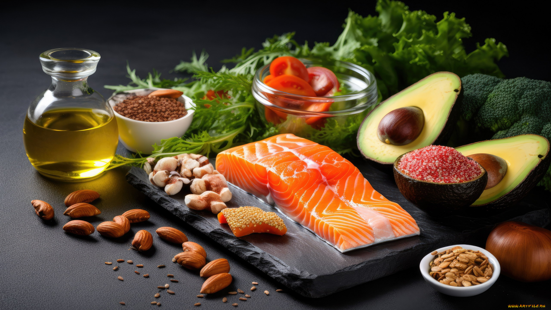 еда, рыба, , морепродукты, , суши, , роллы, масло, авокадо, помидоры, форель, орехи