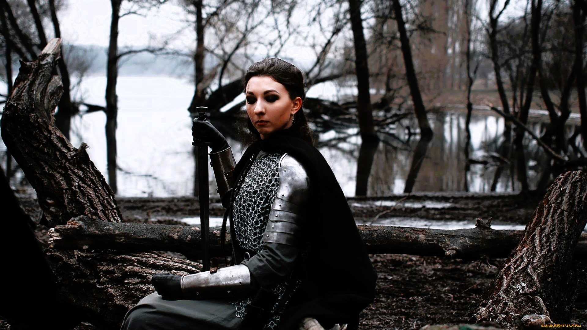 девушки, ольга, кожевникова, , lady, bell, косплей, образ, наряд, костюм, плащ, кольчуга, лес, озеро