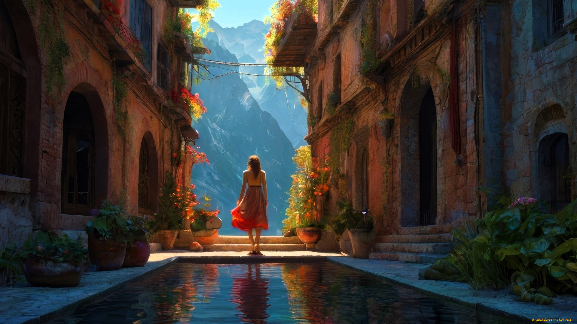 рисованное, люди, девушка, дома, горы, бассейн