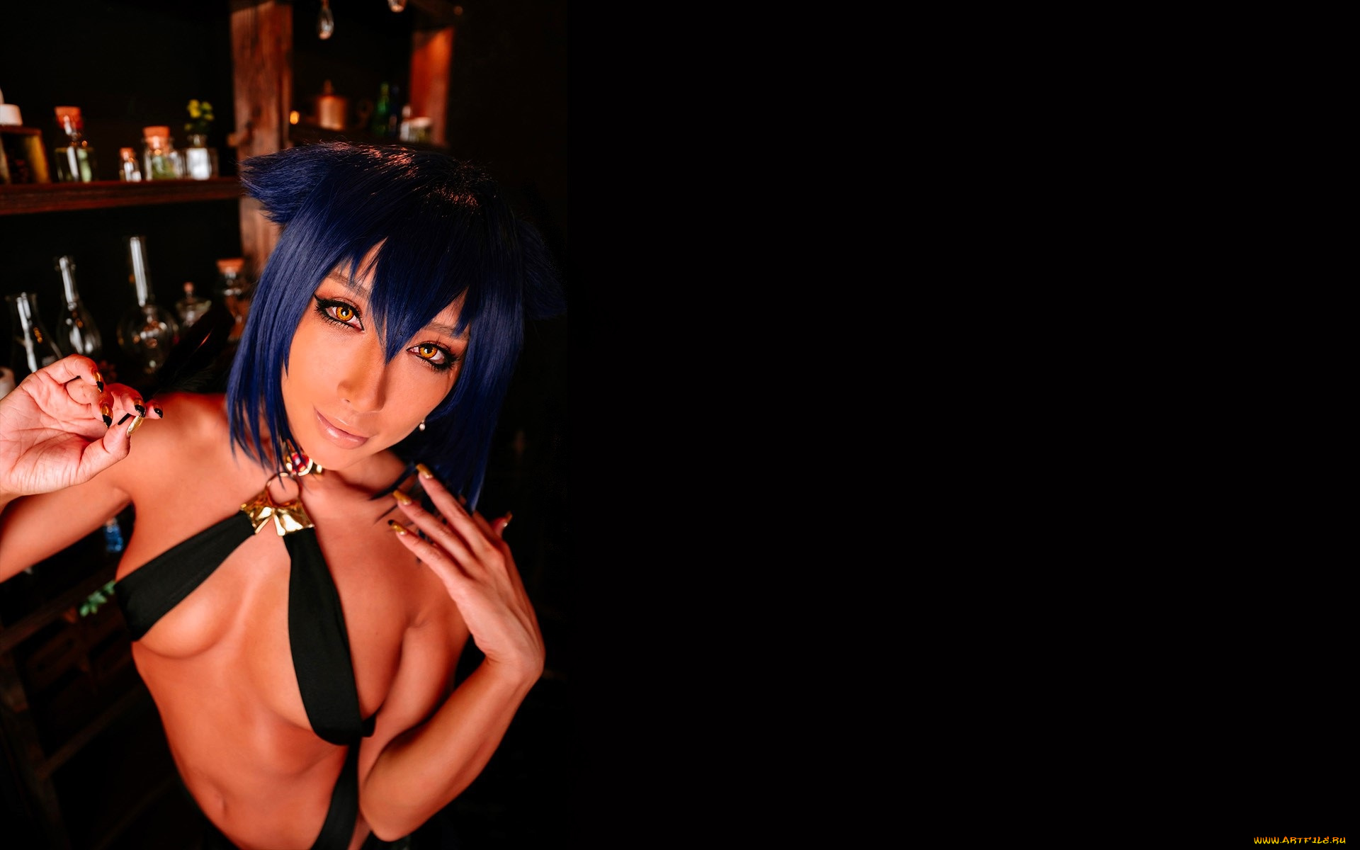 девушки, nonsummerjack, синие, волосы, наряд, полки