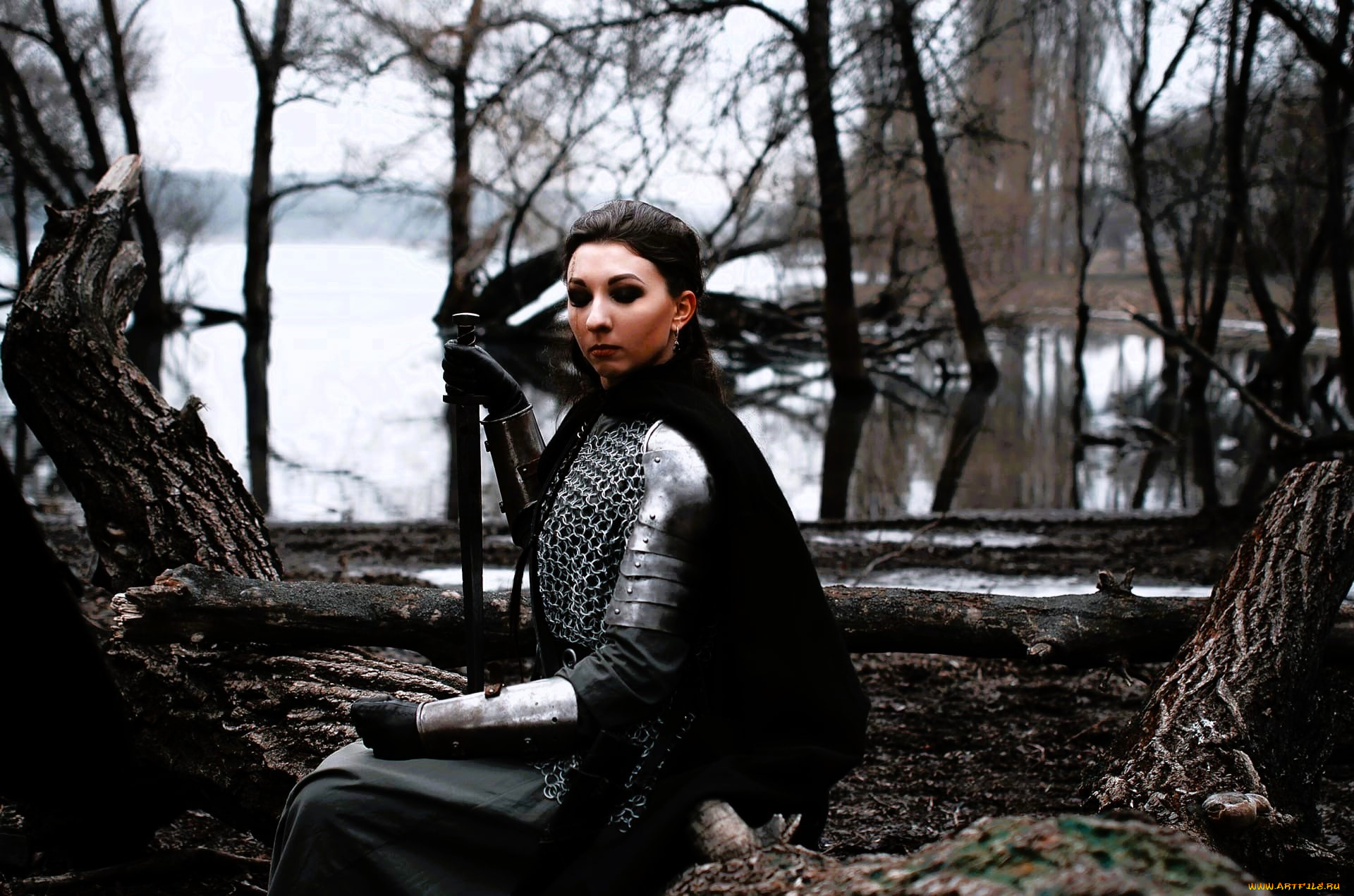 девушки, ольга, кожевникова, , lady, bell, косплей, образ, наряд, костюм, плащ, кольчуга, лес, озеро