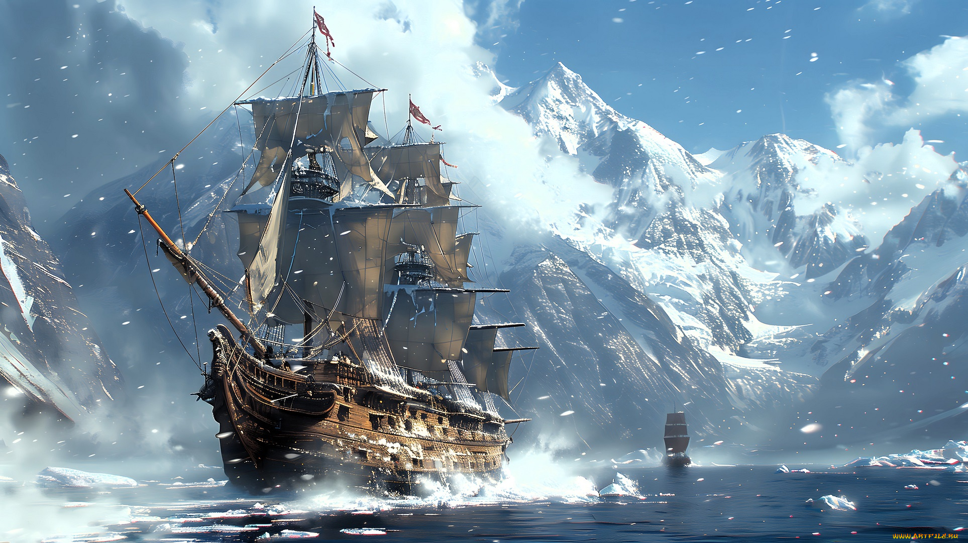 корабли, 3d, парусники, море, льды, скалы