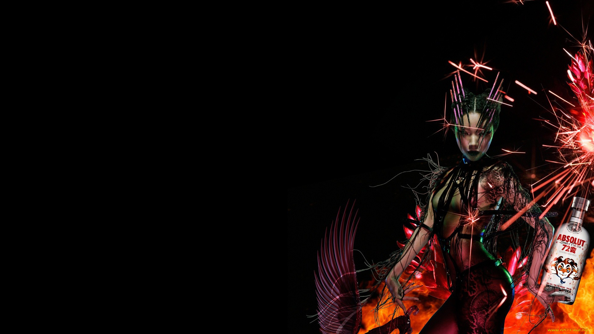 бренды, absolut, девушка, бутылка, искры