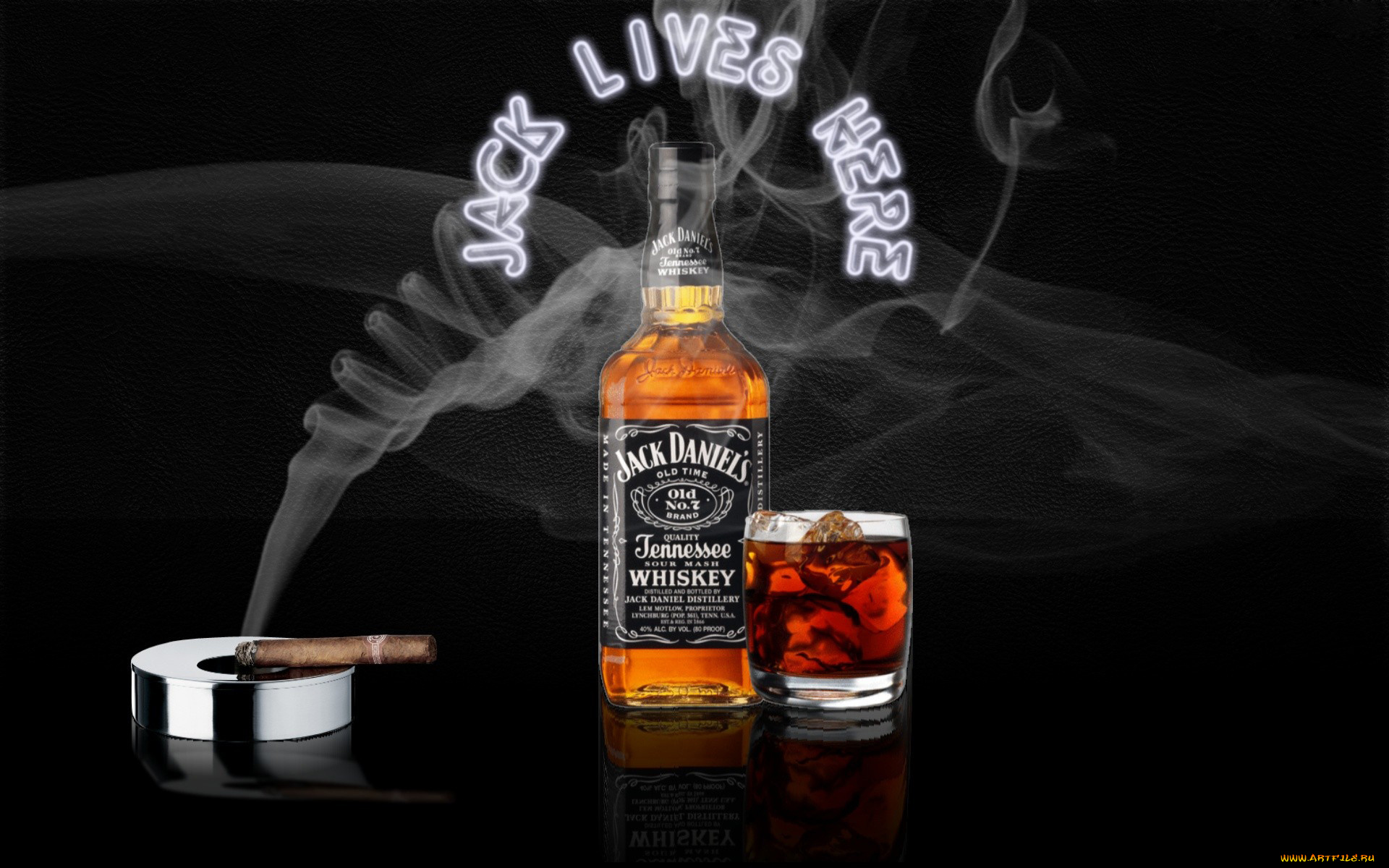 бренды, jack, daniel`s, бокал, лед, бутылка, виски, сигара