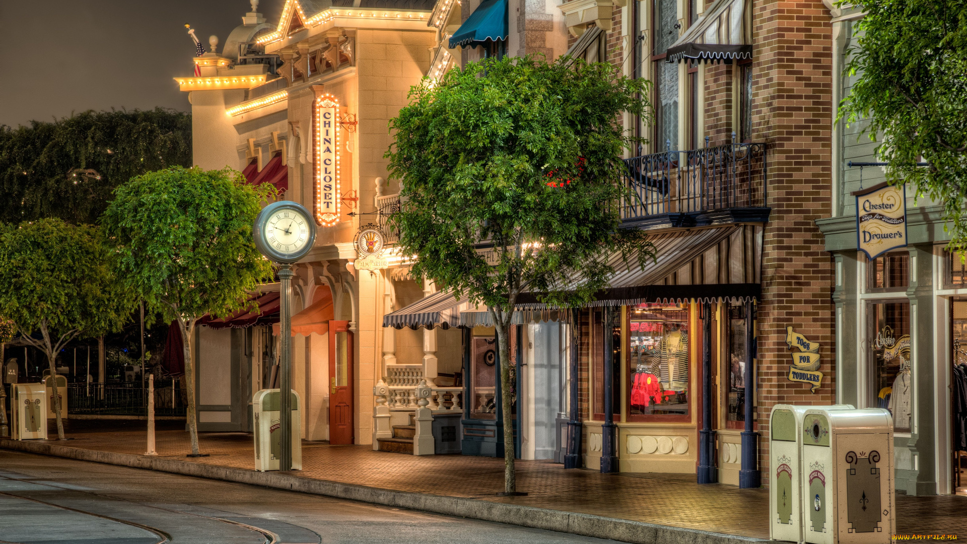 disneyland, города, диснейленд, улица, здания, часы, рельсы