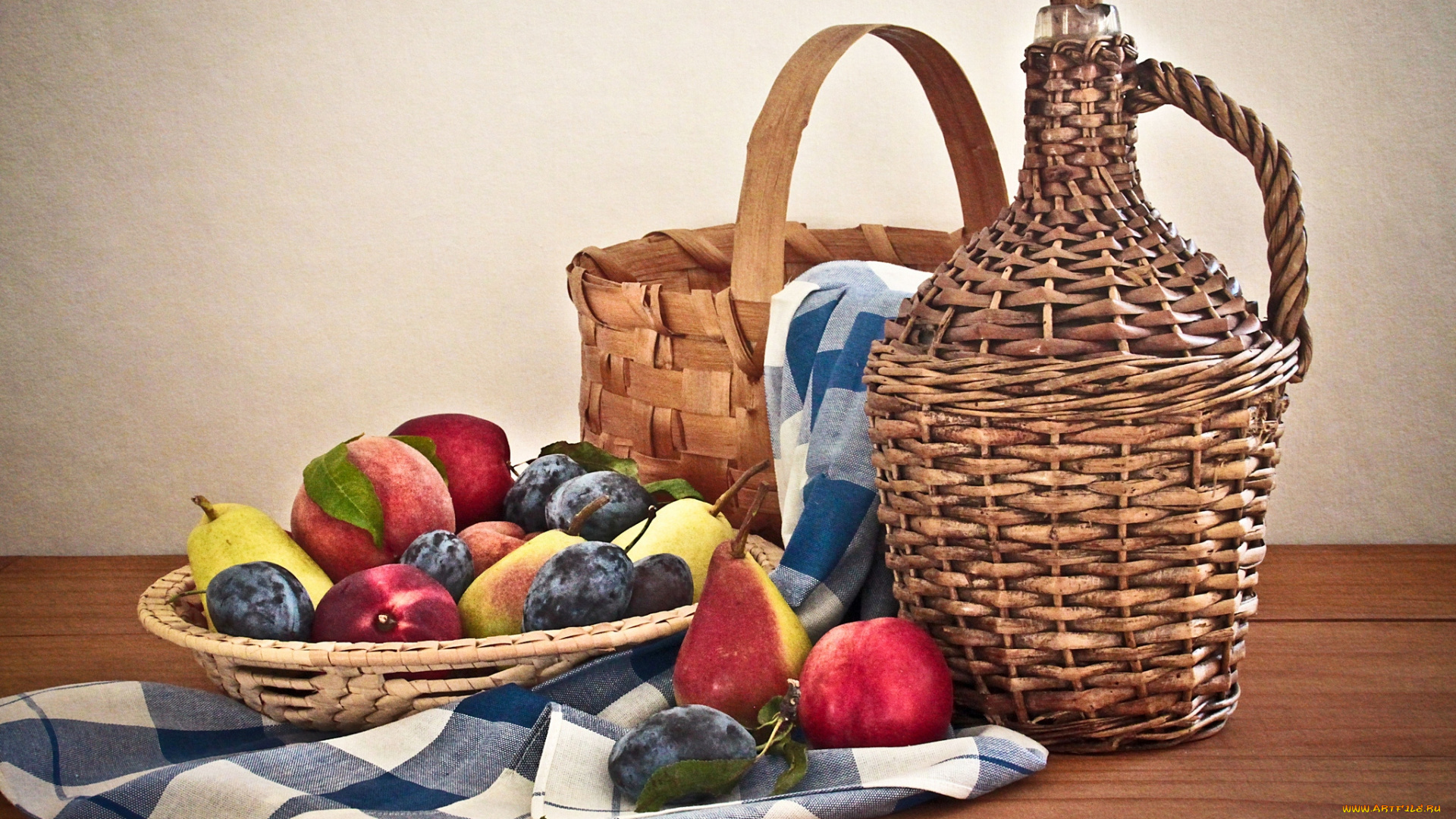еда, фрукты, ягоды, сливы, груши, персики, вино