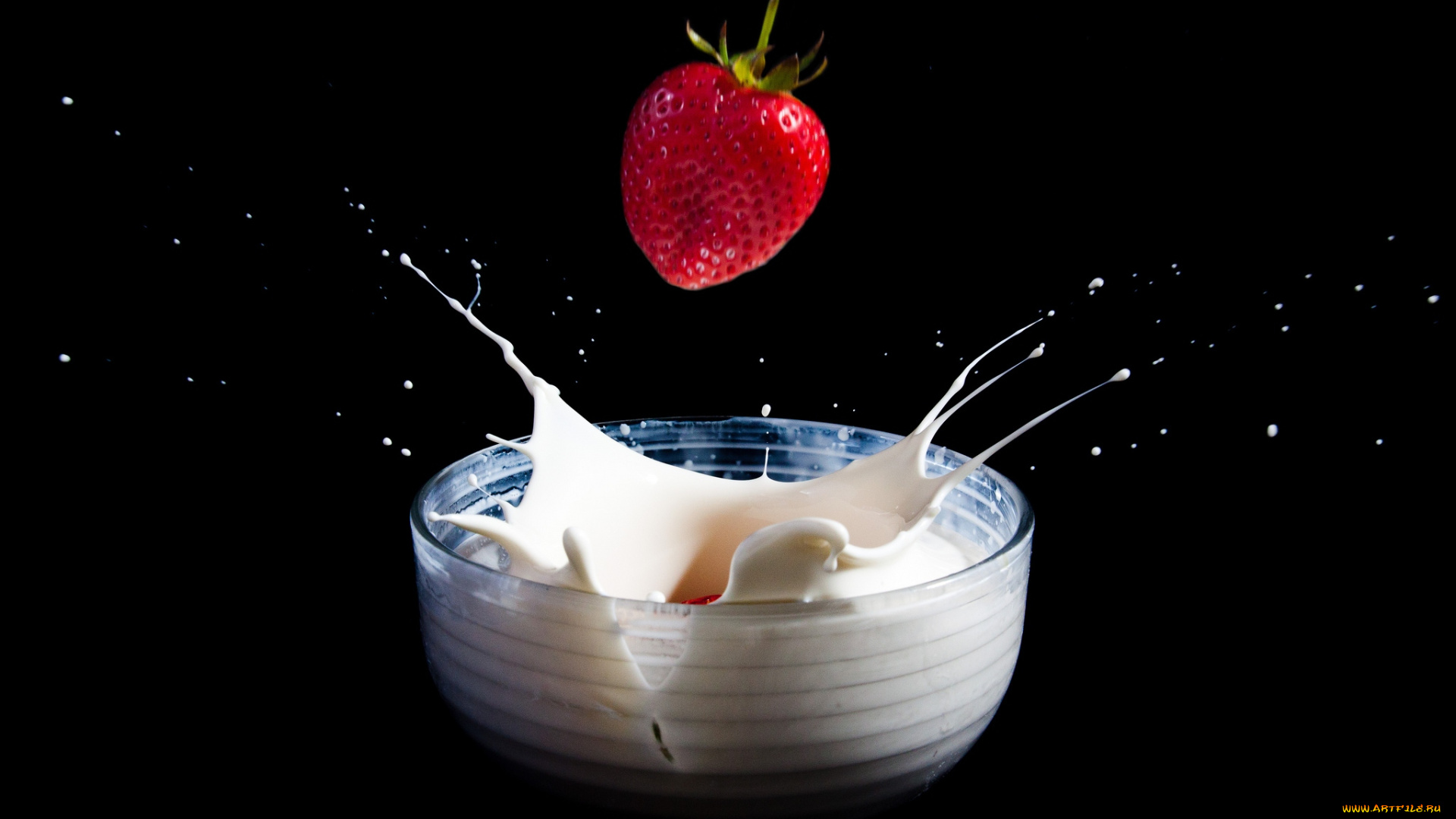 еда, клубника, земляника, стакан, молоко, ягода
