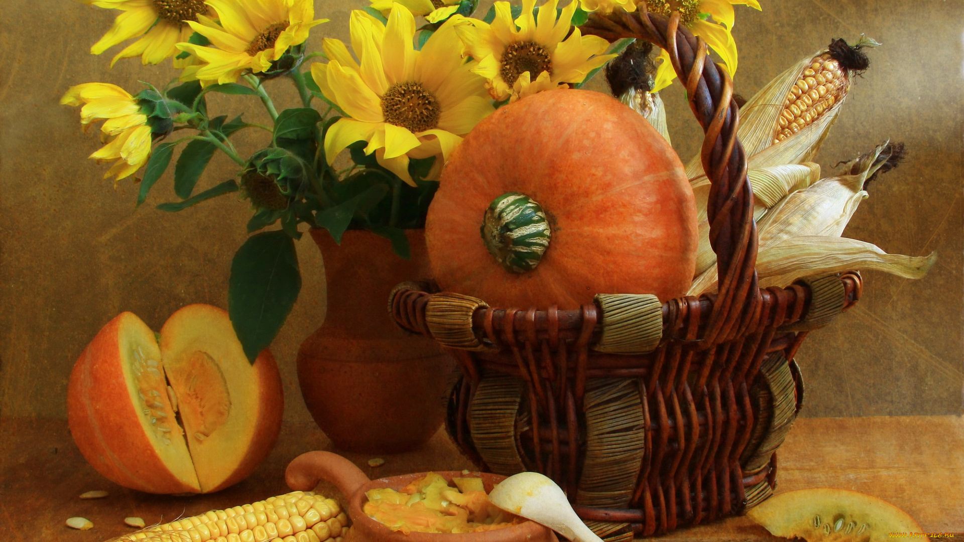 еда, натюрморт, дары, осени, тыква, цветы