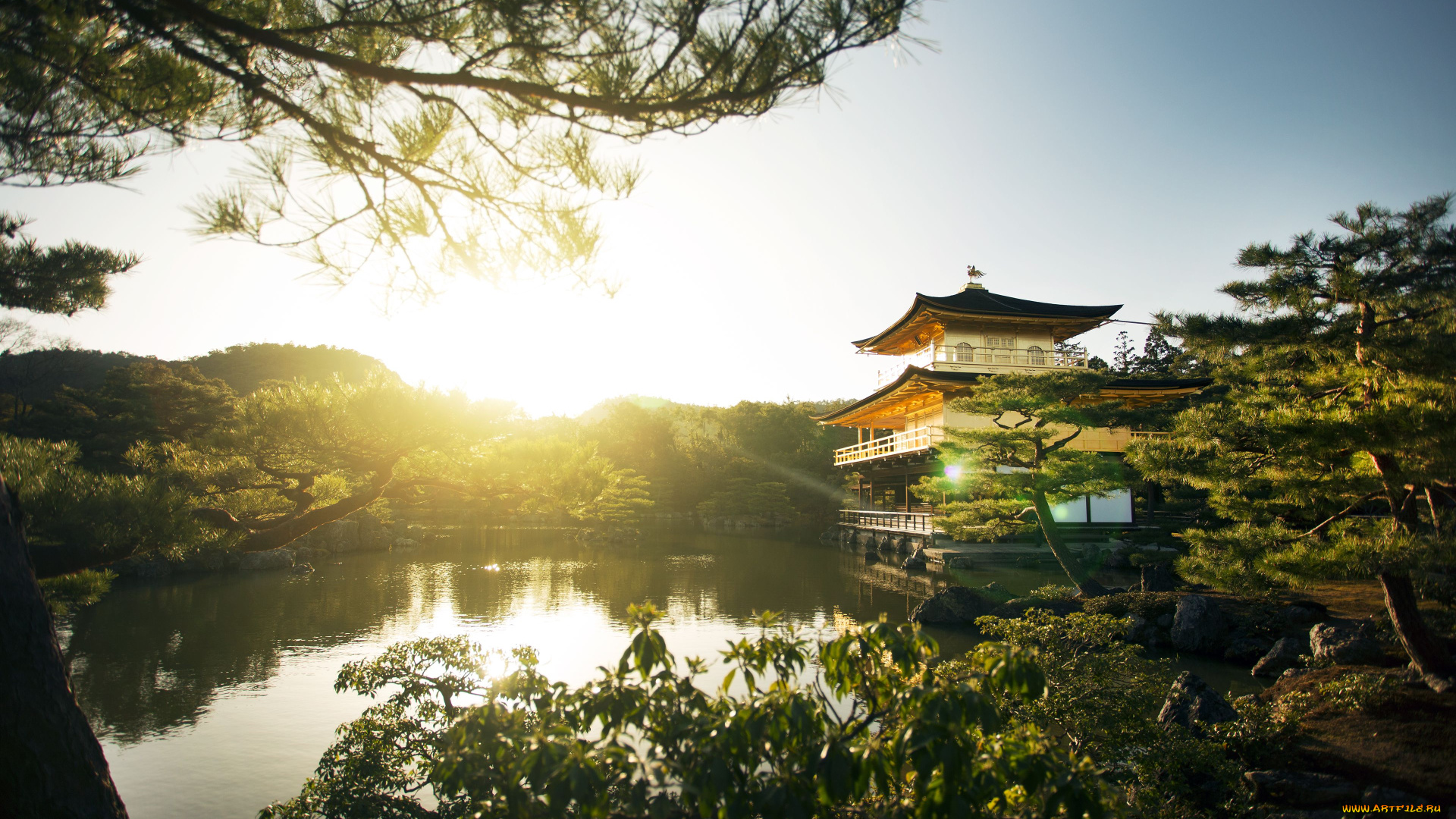 golden, pavilion, kyoto, japan, города, буддистские, другие, храмы, киото, парк, восход, деревья, озеро, храм, Япония, золотой, павильон