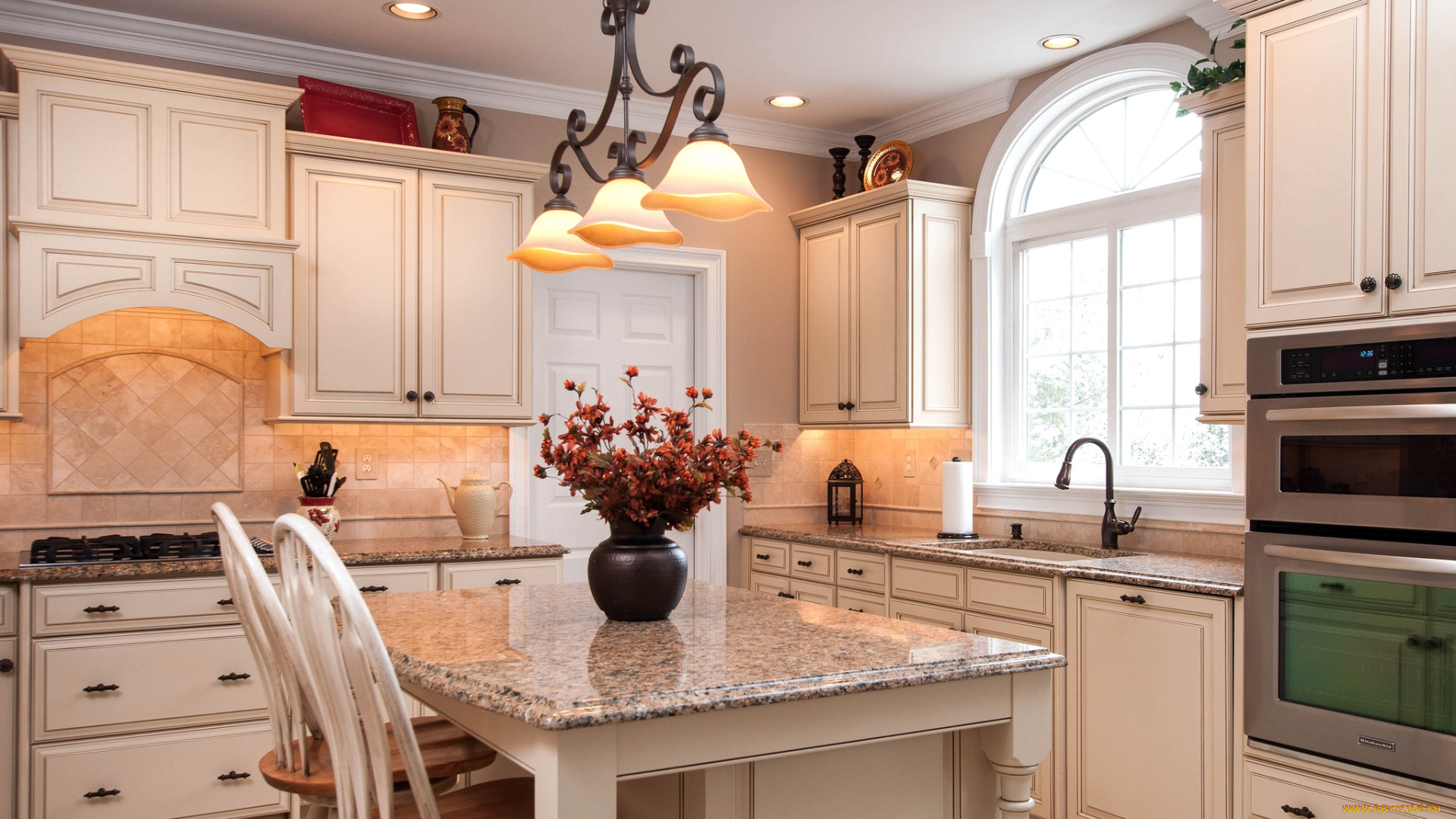 интерьер, кухня, люстра, плита, стол, букет