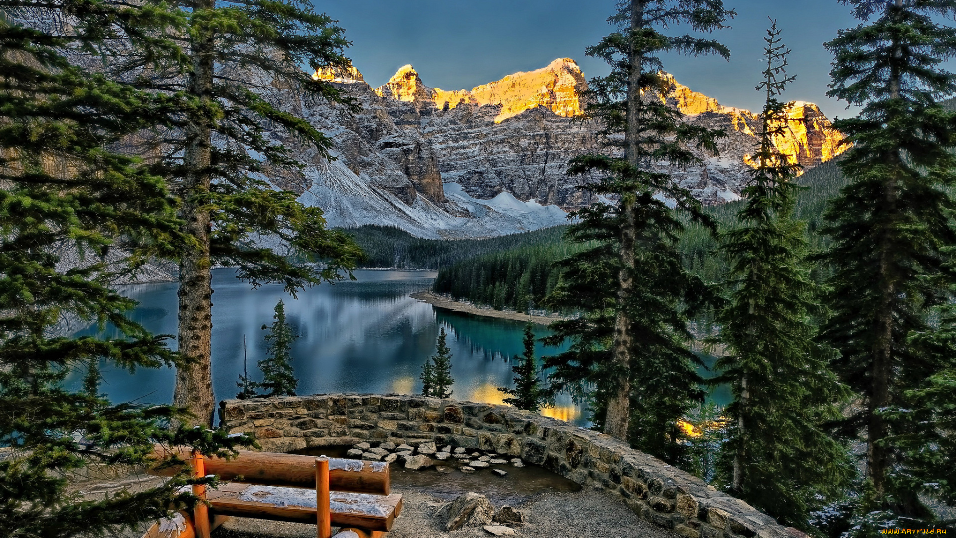 moraine, lake, banff, national, park, canada, природа, реки, озера, озеро, морейн, канада, банф, горы, деревья, скамейка