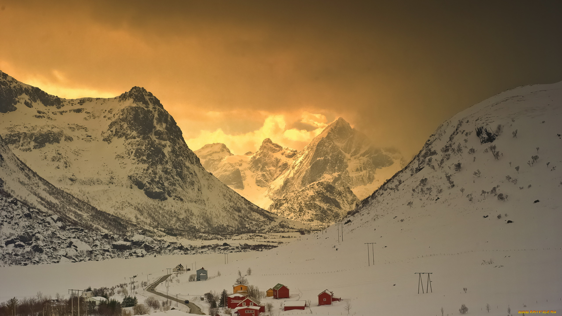 пейзаж, природа, горы, закат, дома