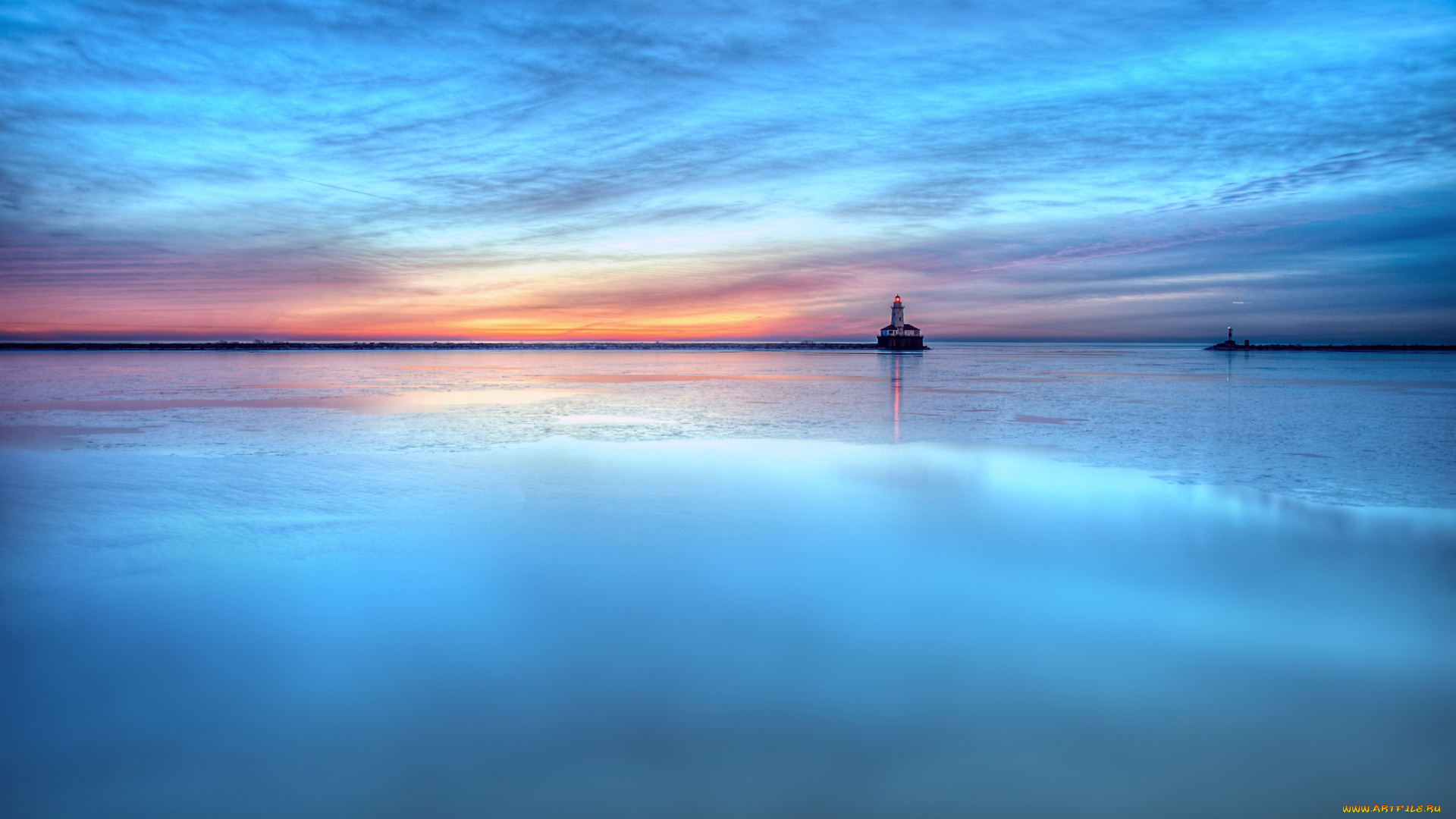 пейзаж, природа, маяки, гладь, облака, вечер, закат, голубое, бирюзовое, небо, вода, маяк, море