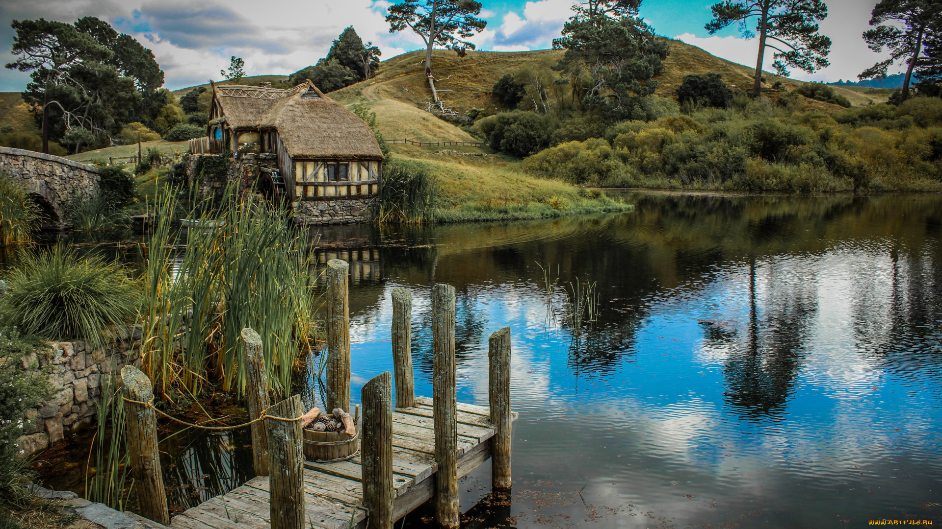 пейзаж, природа, пейзажи, мостик, домик, река