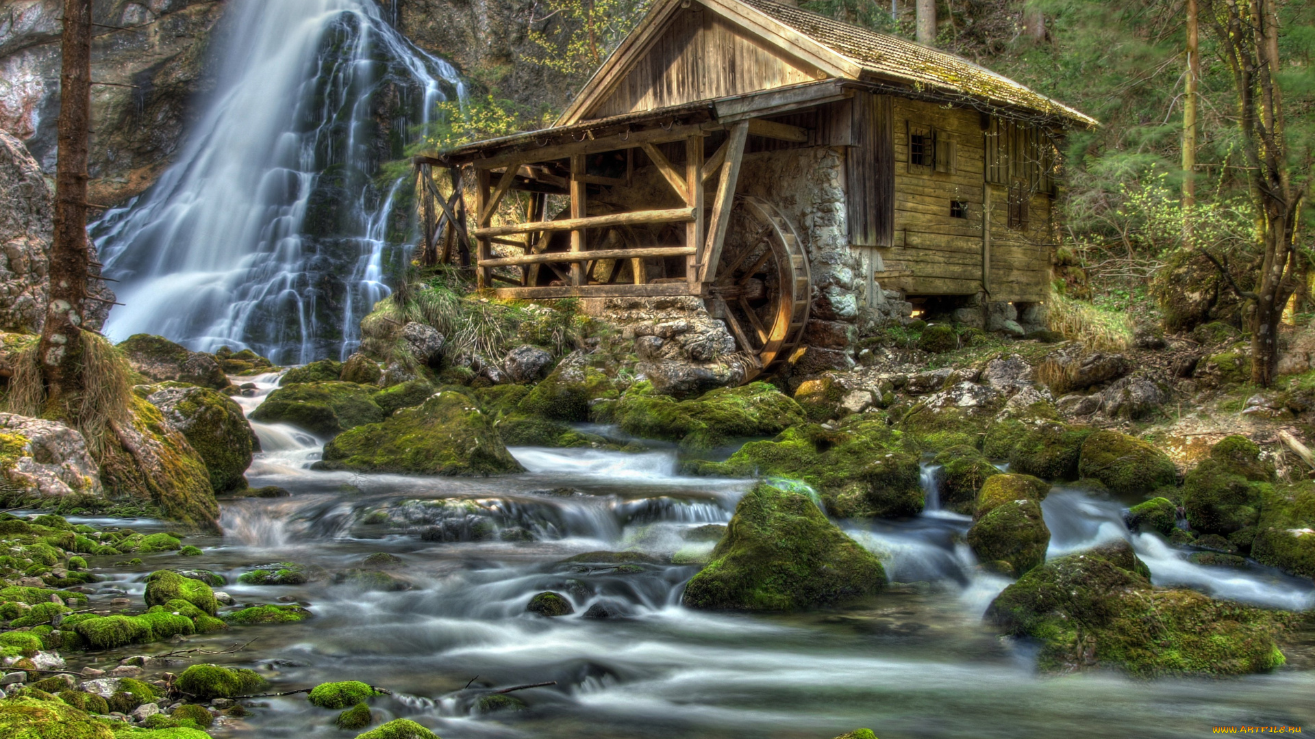 пейзаж, природа, пейзажи, водяная, мельница, река, водопад