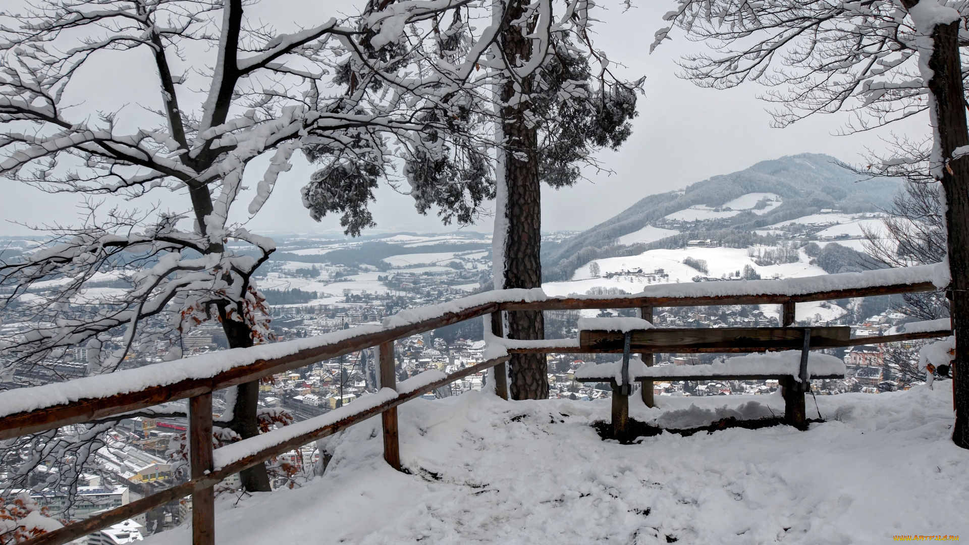пейзаж, природа, зима, деревья, вид, с, верху, лавочка, снег