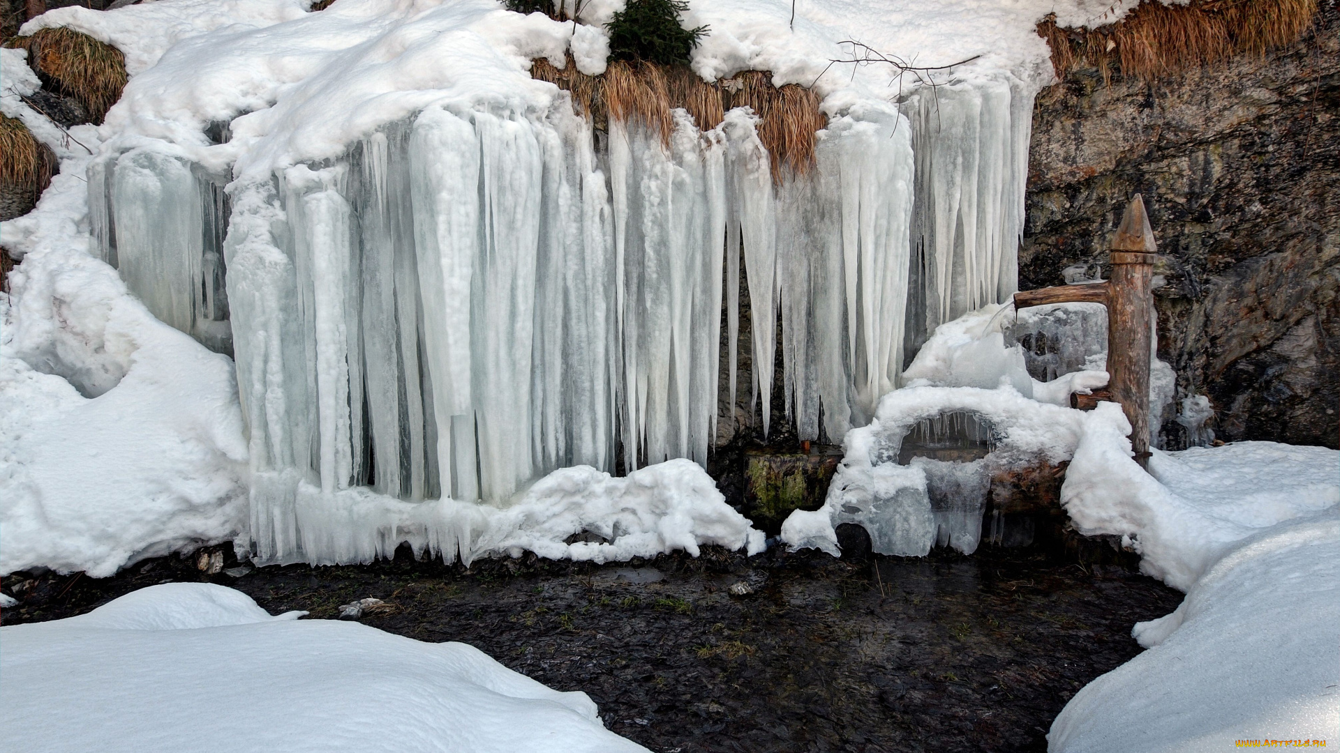 пейзаж, природа, зима, сосульки, снег, река