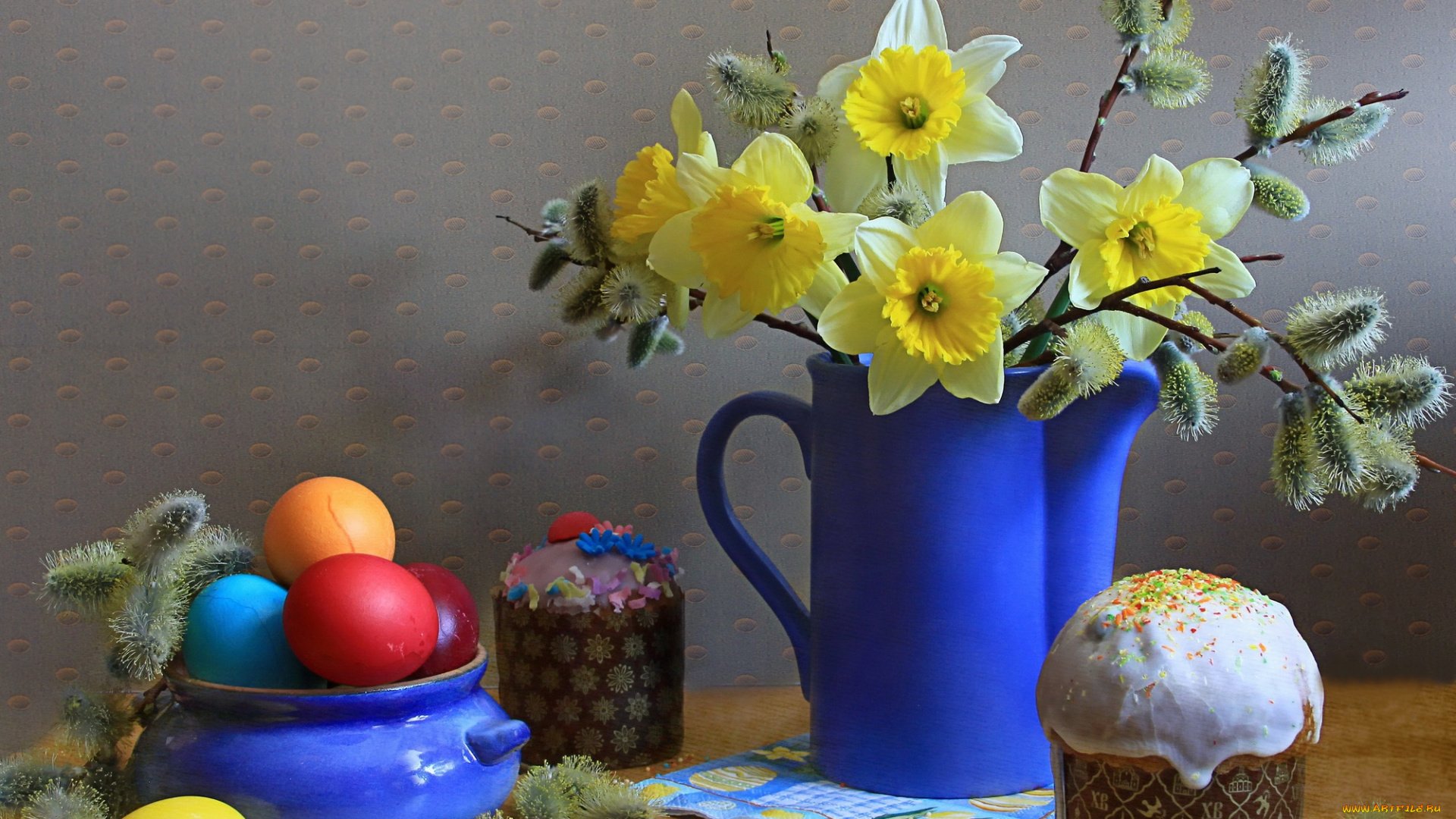 праздничные, пасха, нарциссы, верба, кулич