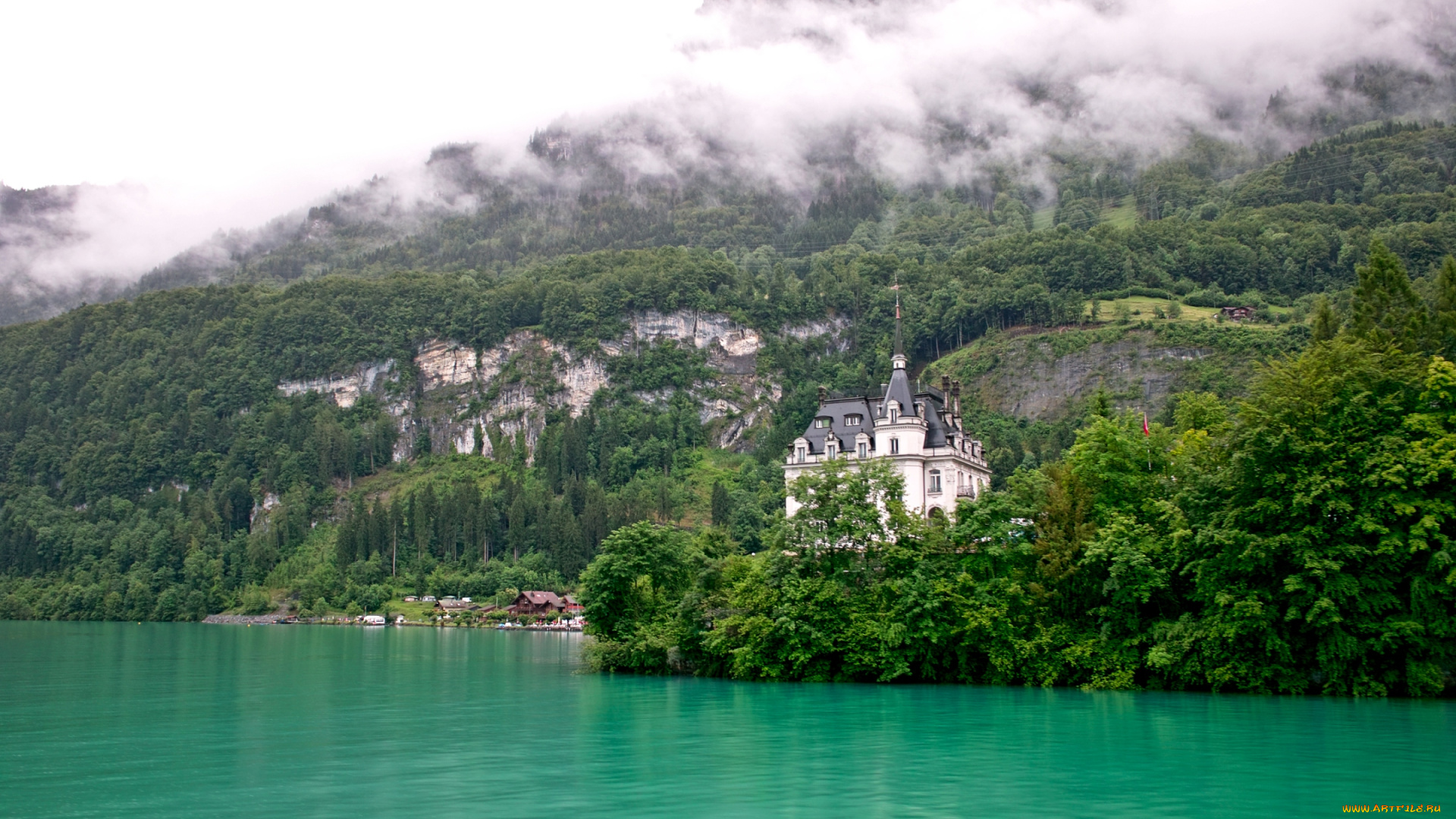 замок, лакефронт, швейцария, города, дворцы, замки, крепости, озеро, лес