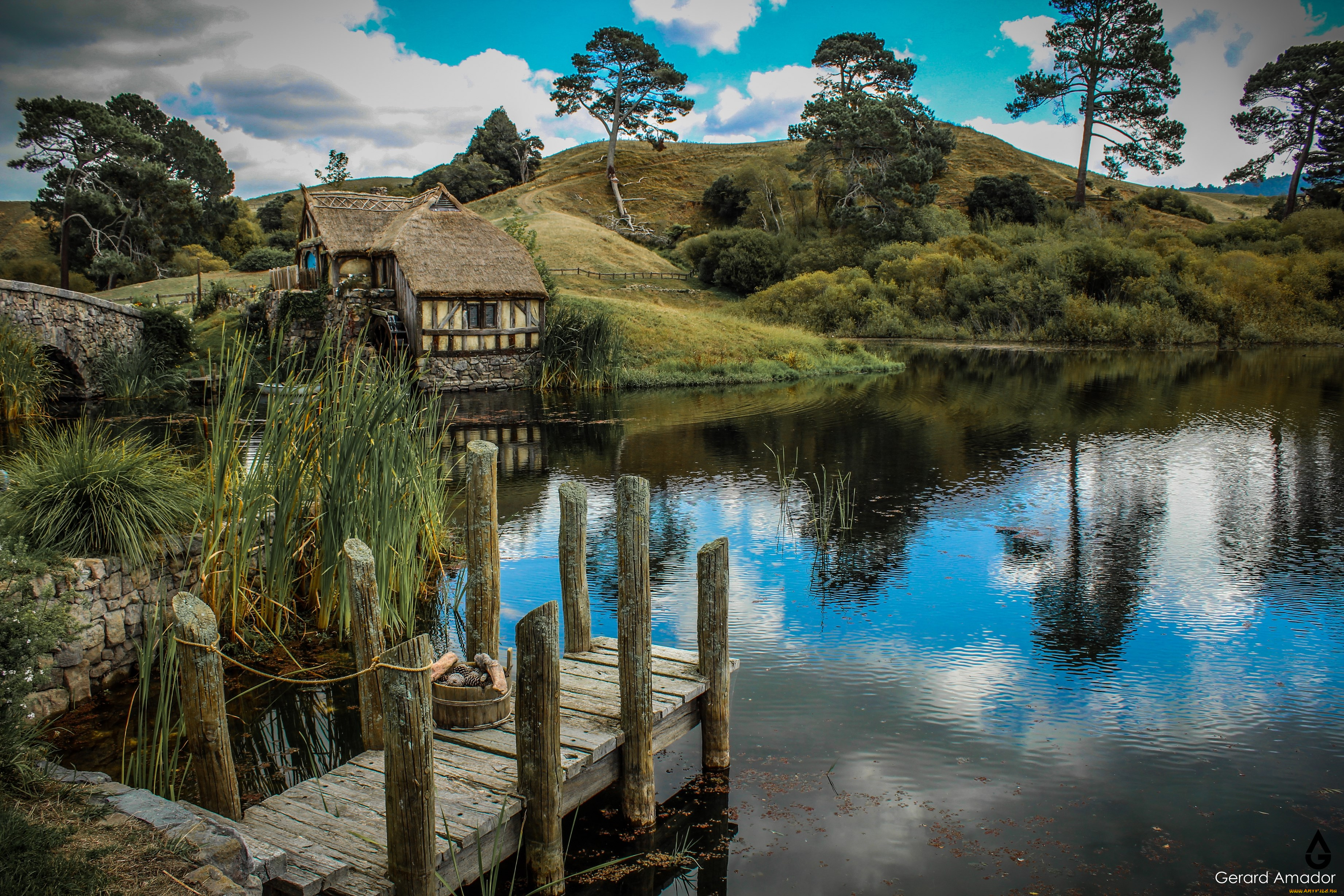 пейзаж, природа, пейзажи, мостик, домик, река