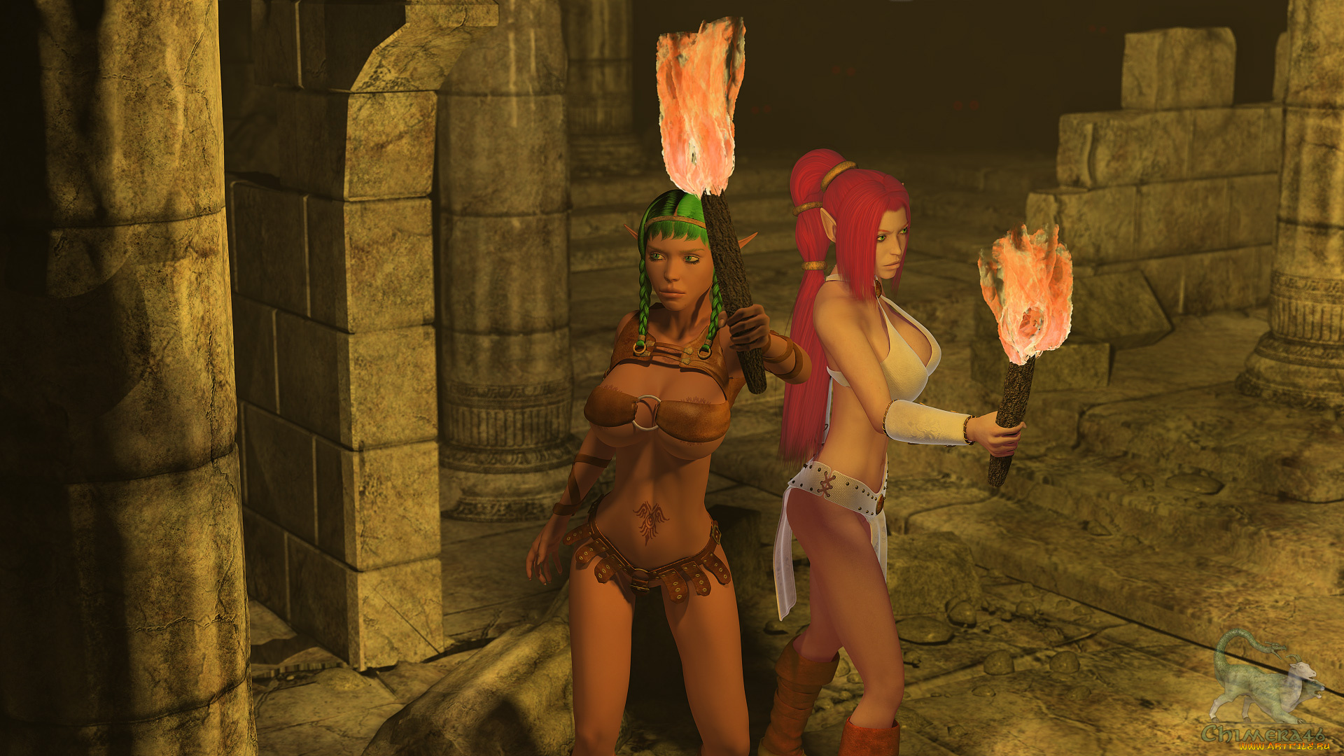 3д, графика, elves, , эльфы, факелы, эльфийки