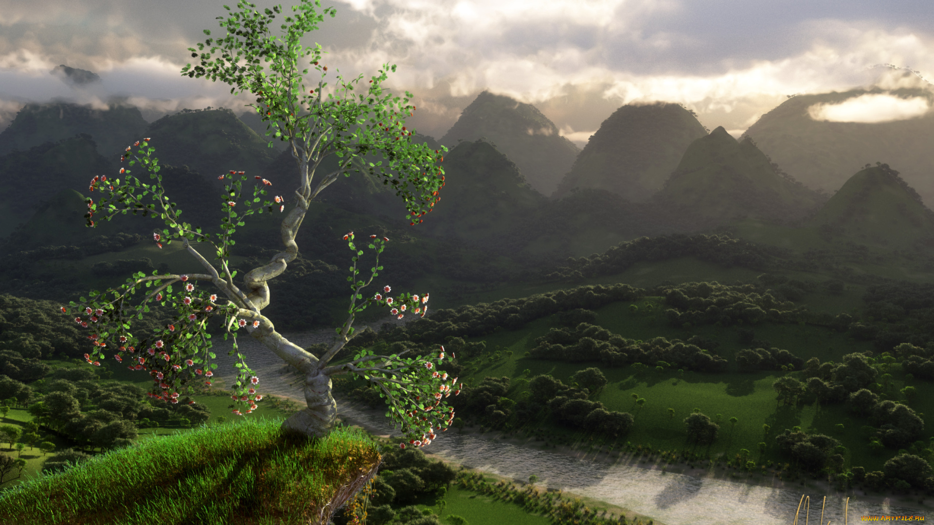 3д, графика, nature, landscape, , природа, вершины, дерево, река, облака