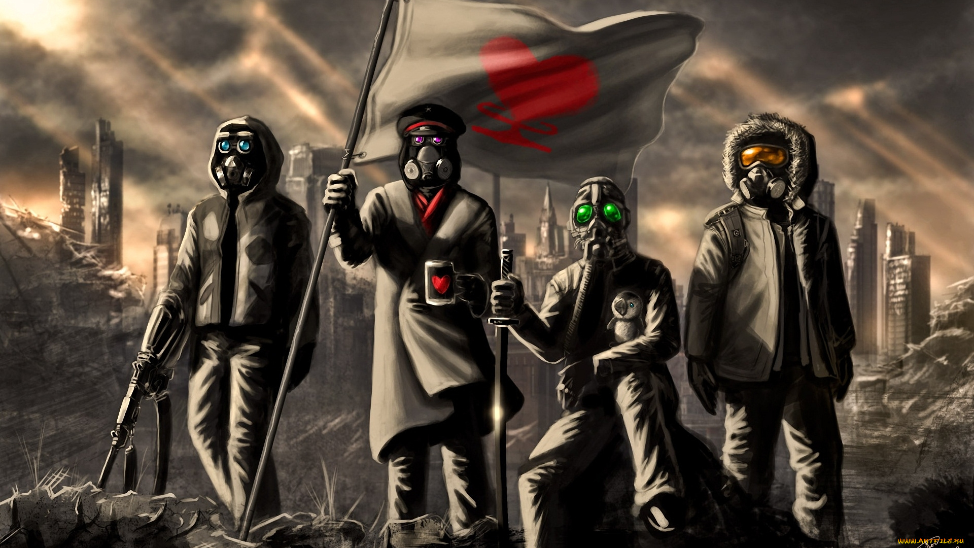 фэнтези, иные, миры, , иные, времена, выжившие, романтика, апокалипсис, лучи, развалины, руины, тучи, знамя, кружка, чашка, сердечко, люди, фуражка, оружие, противогазы