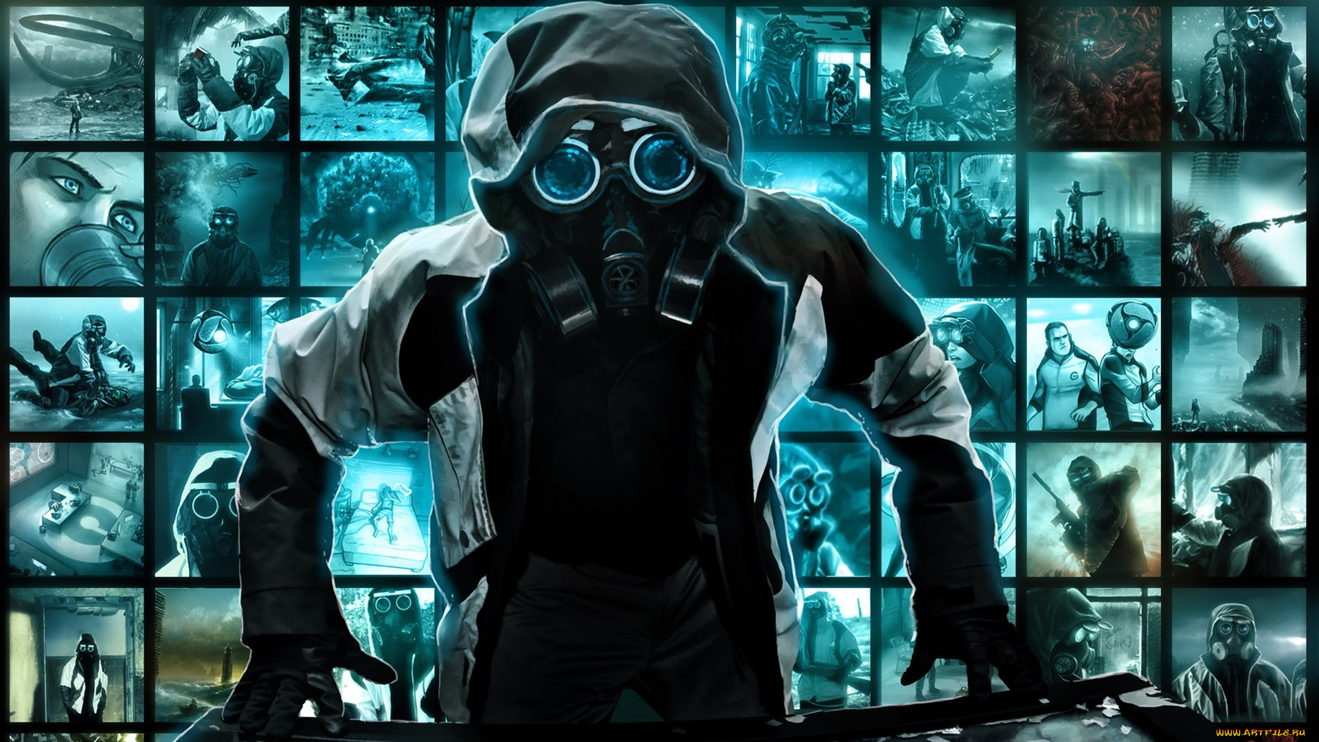 фэнтези, люди, капюшон, экраны, противогаз, человек, апокалипсис